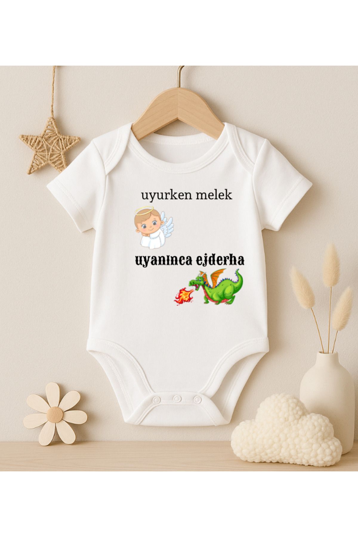 MODAT Uyurken Melek Uyanınca Ejderha Yazılı Baskılı Bebek badi zıbın