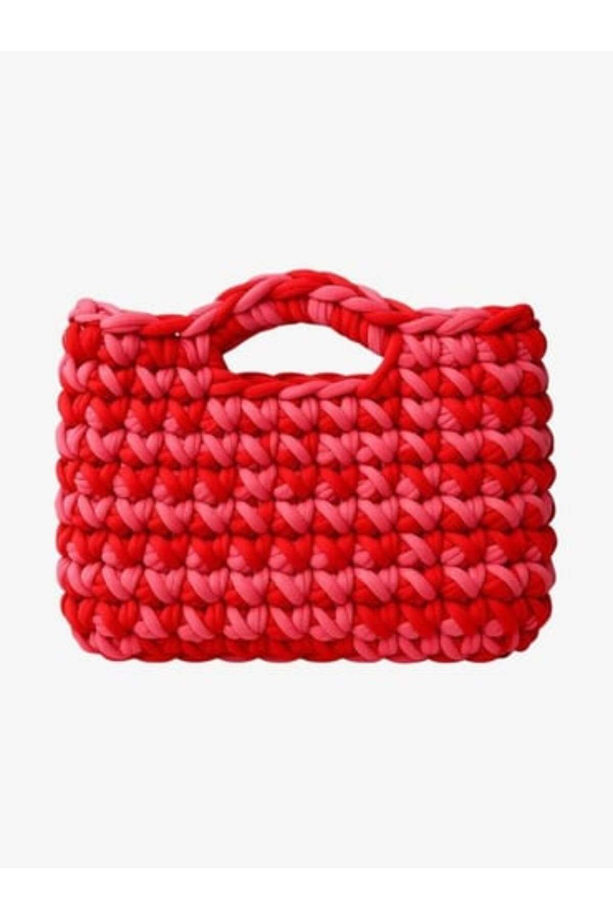 Qielle Penye İp Kırmızı Pembe El Örmesi Clutch Çanta
