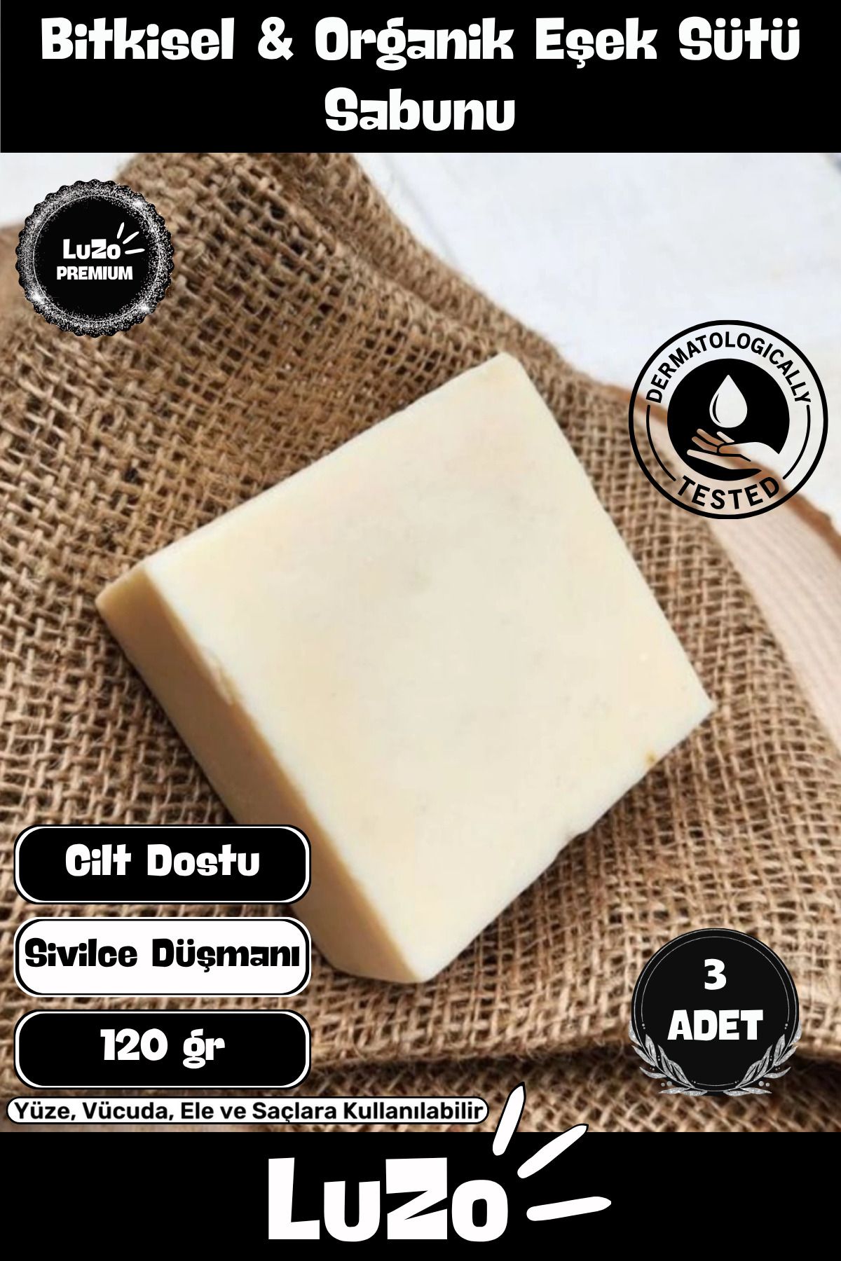 LuZo Premium Seri %100 Doğal Organik Yüz Saç Vücut Cilt Dengeleyici Güzel Kokulu Eşek Sütü Sabunu 3 Adet