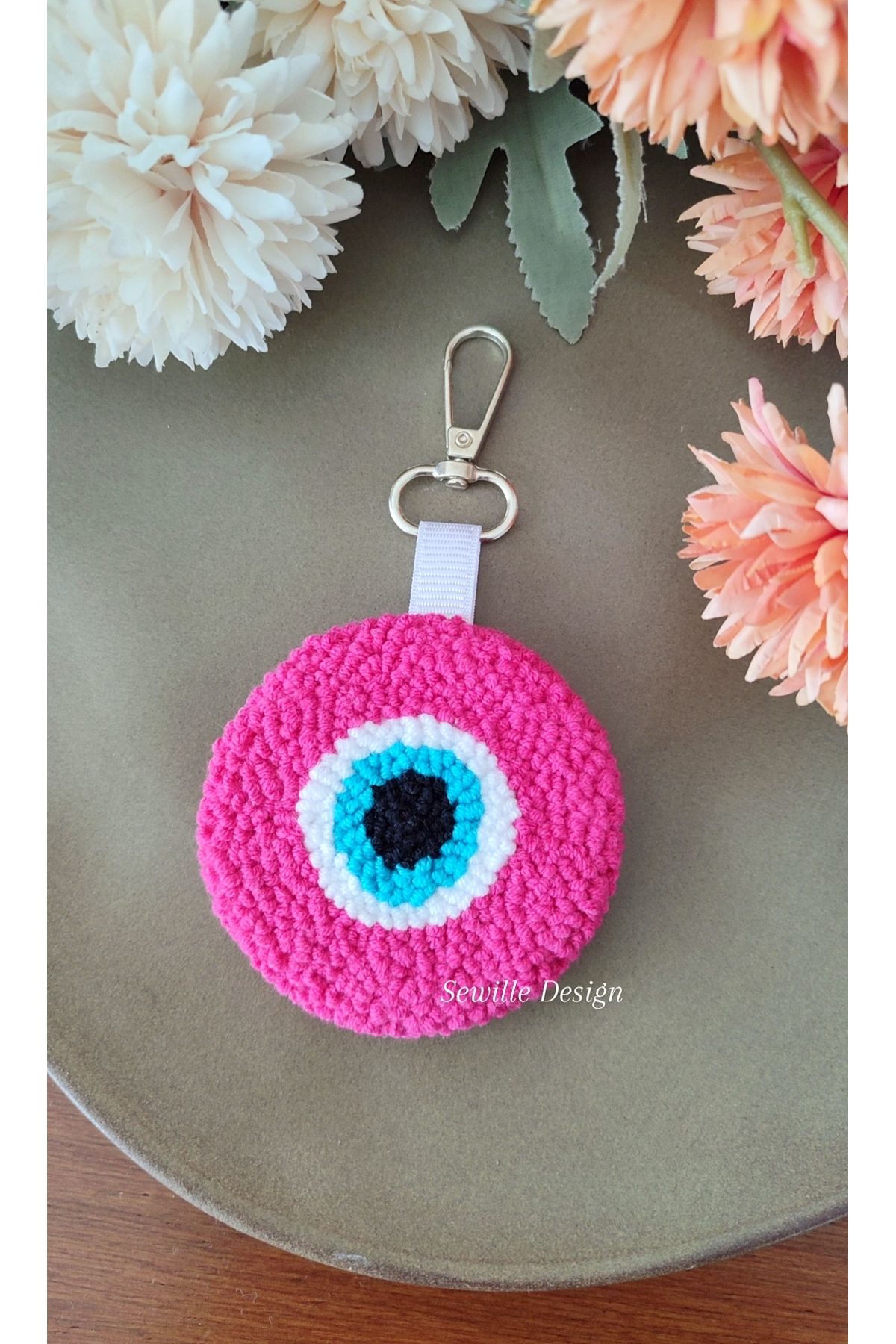Sewille Design Hand Made Punch Pembe Nazar Boncuğu Anahtarlık , çift taraflı