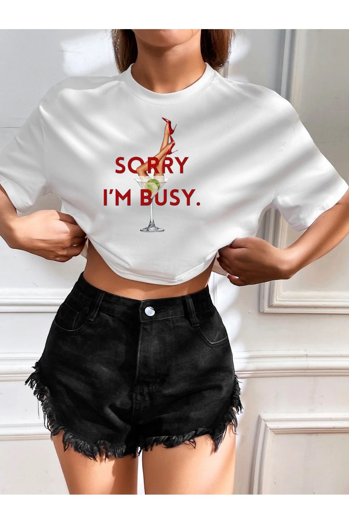 SOHR Kadın Oversize Crop Sorry I'm Busy Tasarım T-shirt