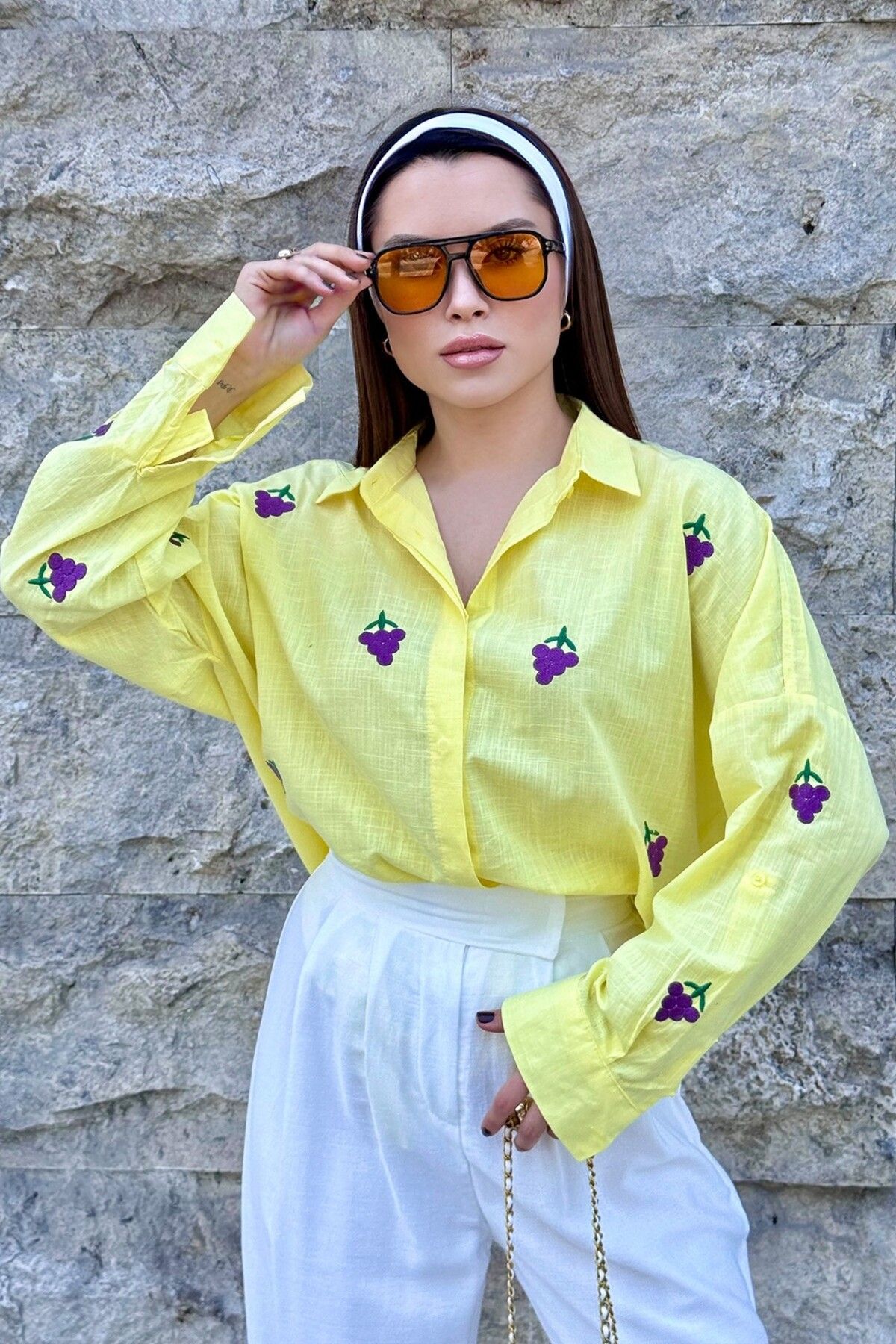 ROUPAS Üzüm Desenli Sarı Gömlek