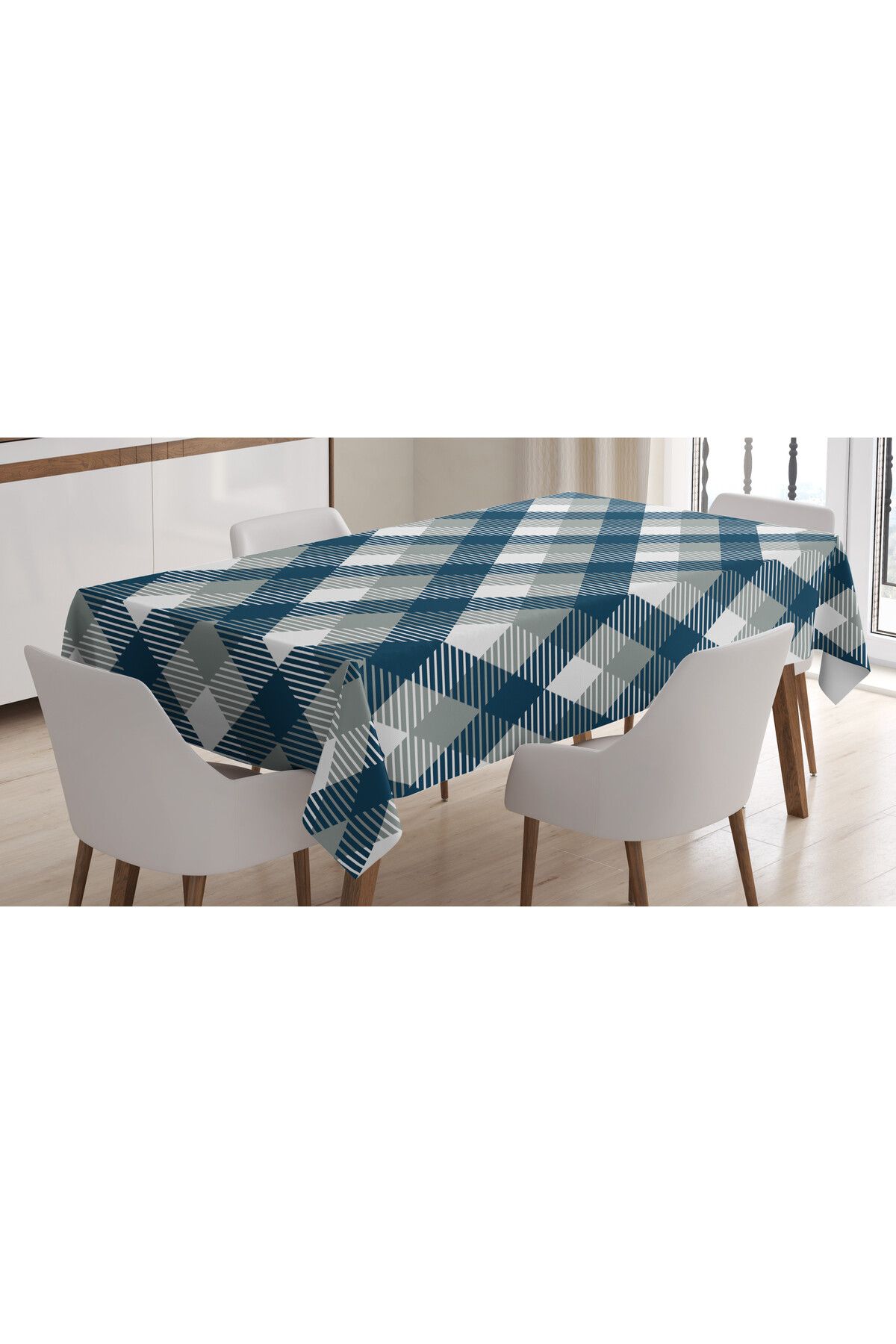 Rengirenk Soyut Desenli, Kareli Tartan Şekli Masa Örtüsü, Dimgrey Beyaz Koyu Mavi