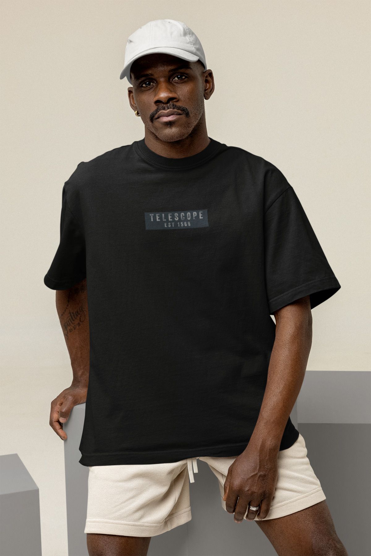 Uniquetex NUBENSE / TELAS-02 - Oversize Unisex Teleskop Baskılı Siyah Bisiklet Yaka T-shirt (Bilim Tişört)