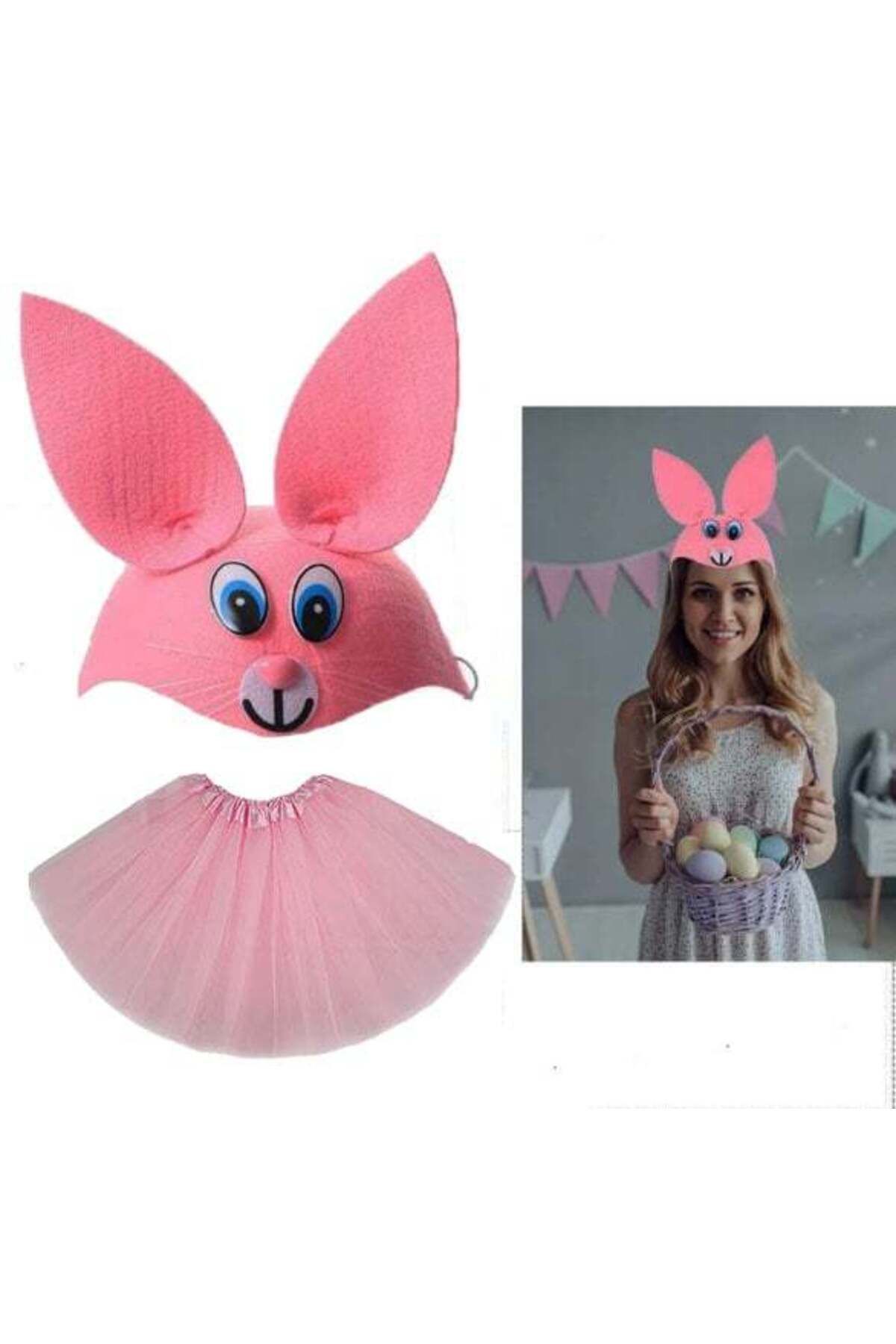Modafiks Tavşan Kostümü Pembe - 23 Nisan Tavşan Şapka ve Tütü Etek Seti 2 Parça