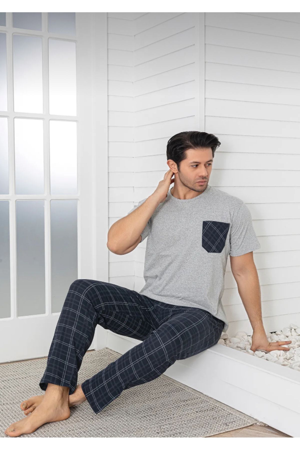MODA NUR Erkek Kısa Kol Ekose Cep Detaylı Yazlık Pijama Takımı