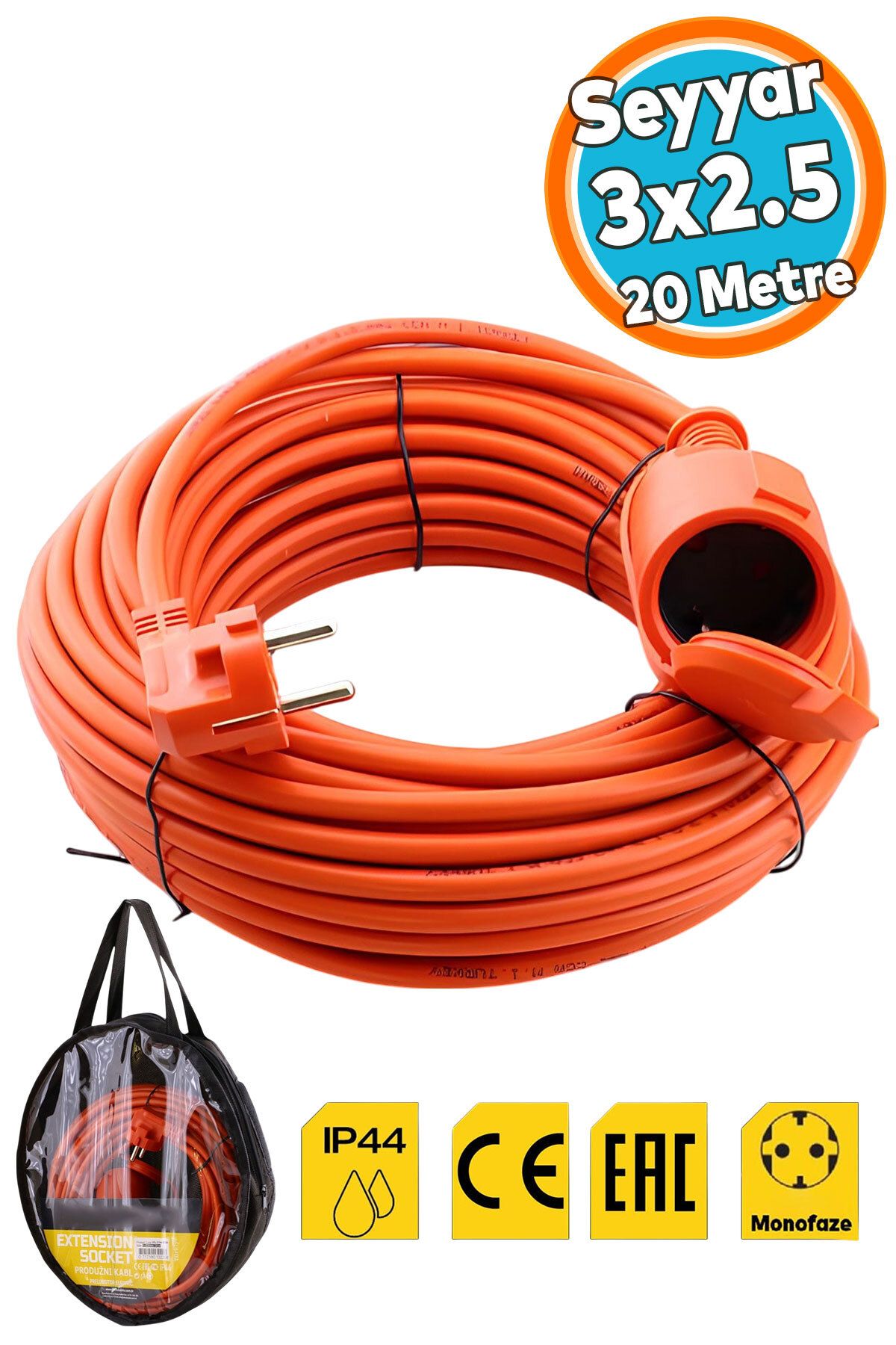 NZB Uzatma Kablosu 20 METRE 3x2.5 mm CCA Tekli Grup Fiş Priz Kapaklı Monofaze Ev Tipi Topraklı Kablolu