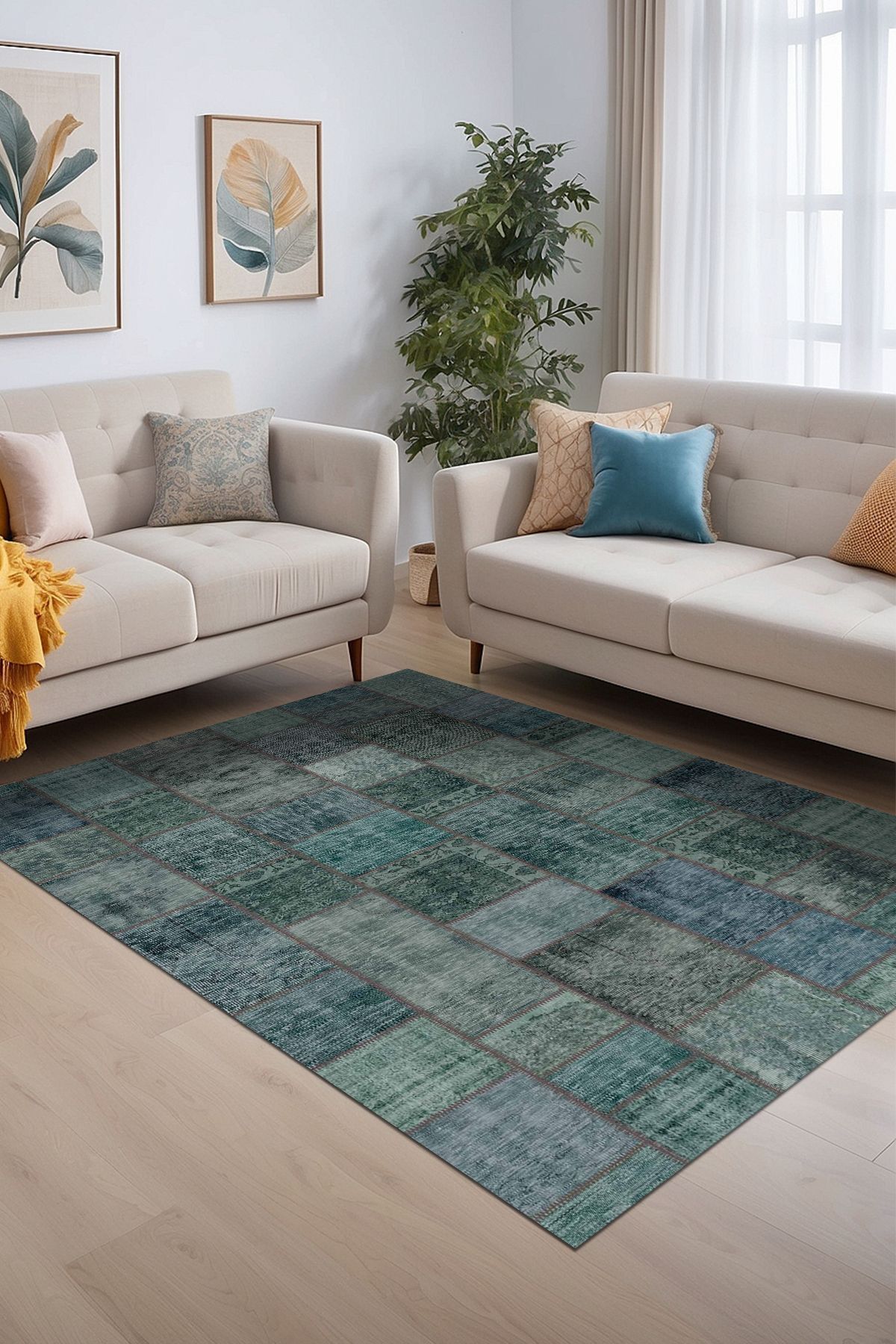 Lattedizayn Gorn Eskitme Patchwork Yıkanabilir Kaymaz Pamuk Taban Kadife Salon Mutfak Halısı Yolluk Kilim