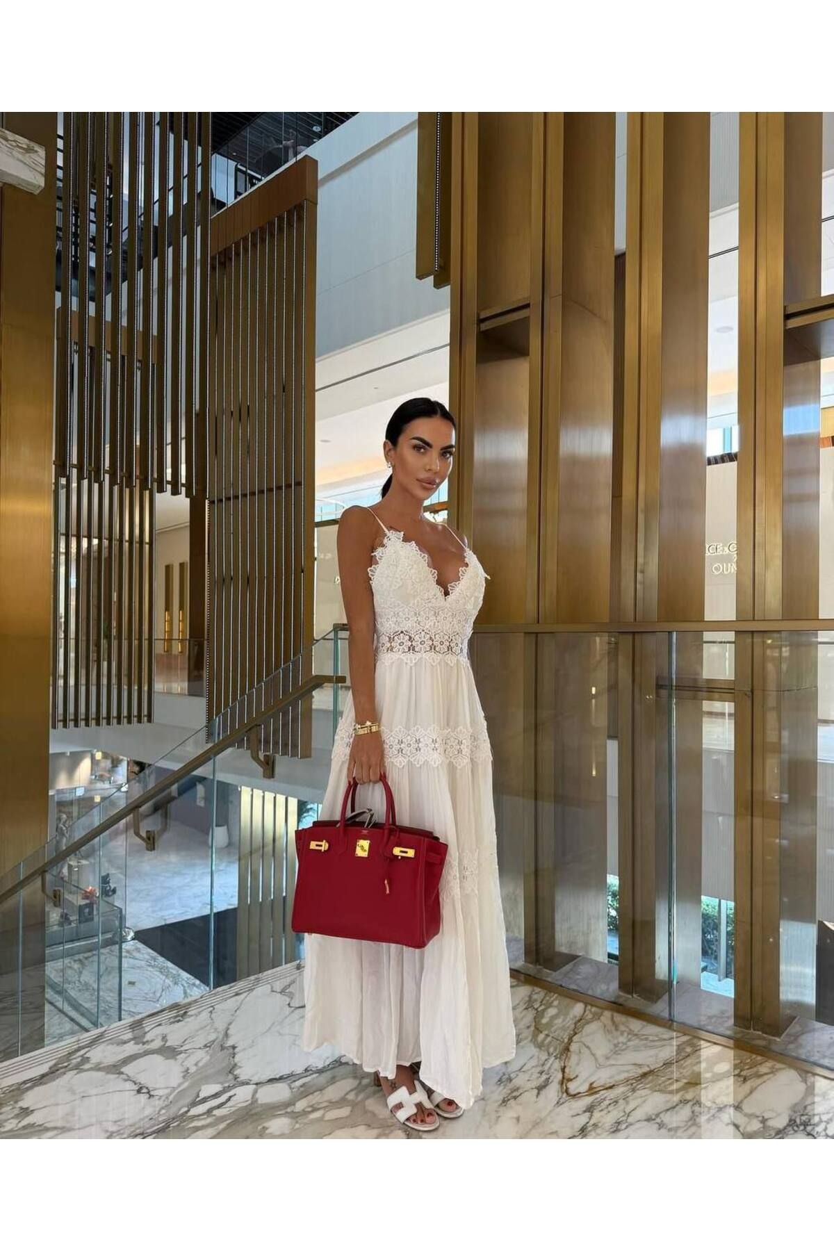MSN KETEN kumaş zimmerman model dantel detaylı tasarım elbise - BEYAZ -2777