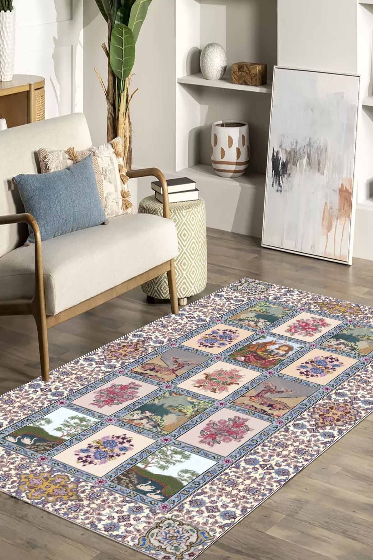 Lattedizayn Jacinto Eskitme Yıkanabilir Kaymaz Pamuk Taban Kadife Salon Mutfak Halısı Yolluk Kilim
