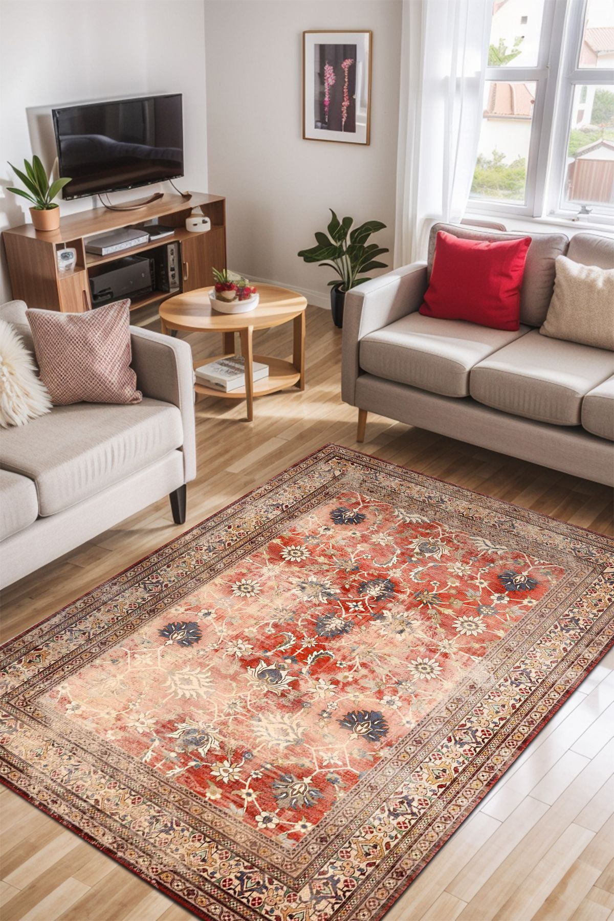 Lattedizayn Valmue Eskitme Yıkanabilir Kaymaz Pamuk Taban Kadife Salon Mutfak Halısı Yolluk Kilim