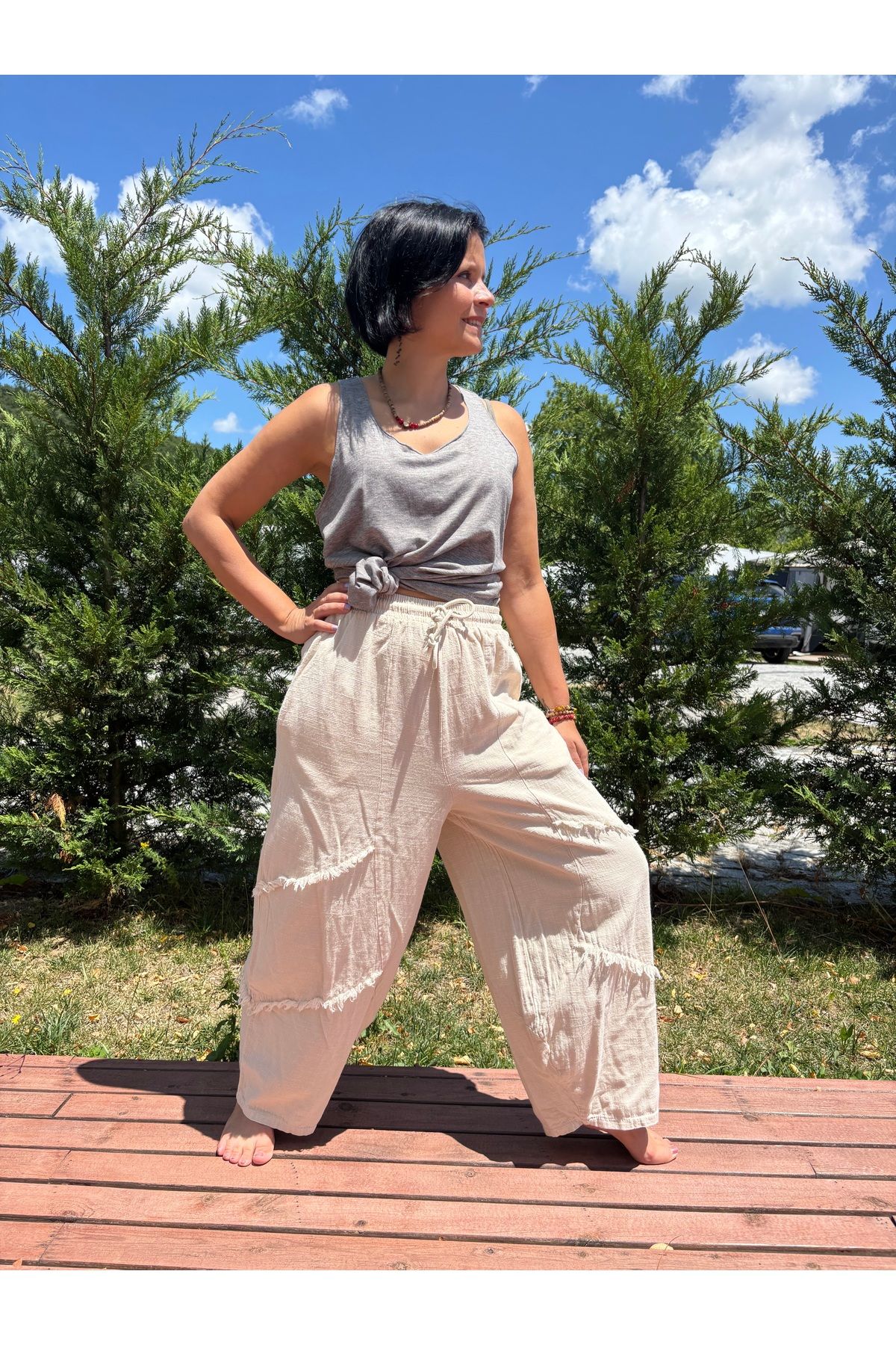 Bohoyasam Unisex Bohem Bol Paça Pantolon, Rahat Salaş Kesim, Lastikli Bel, %100 Pamuk, Haki, Kahve, Siyah, Bej