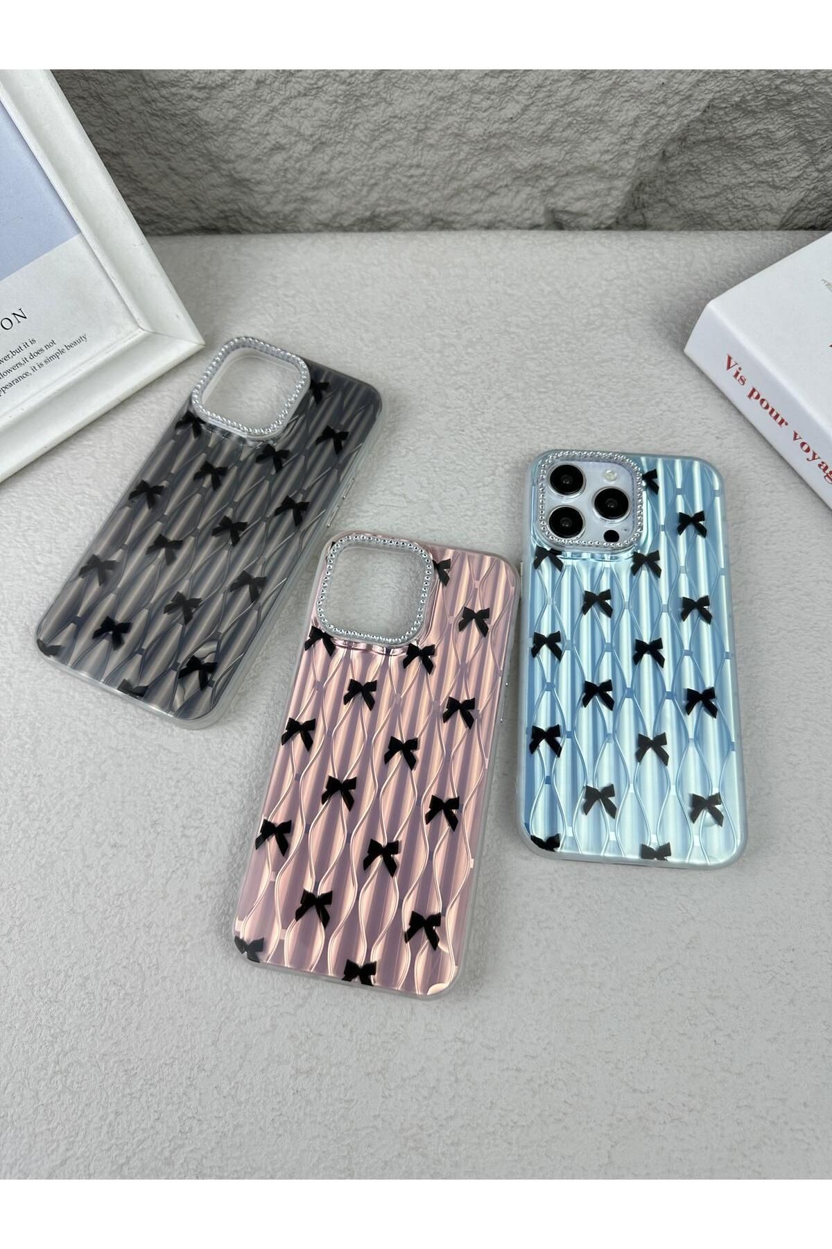 ZETT iphone 14 uyumlu Taşlı- Fiyonk Desenli Sararmaz Sert Mika Premium Kalite Telefon Kılıfı Arka Kapak