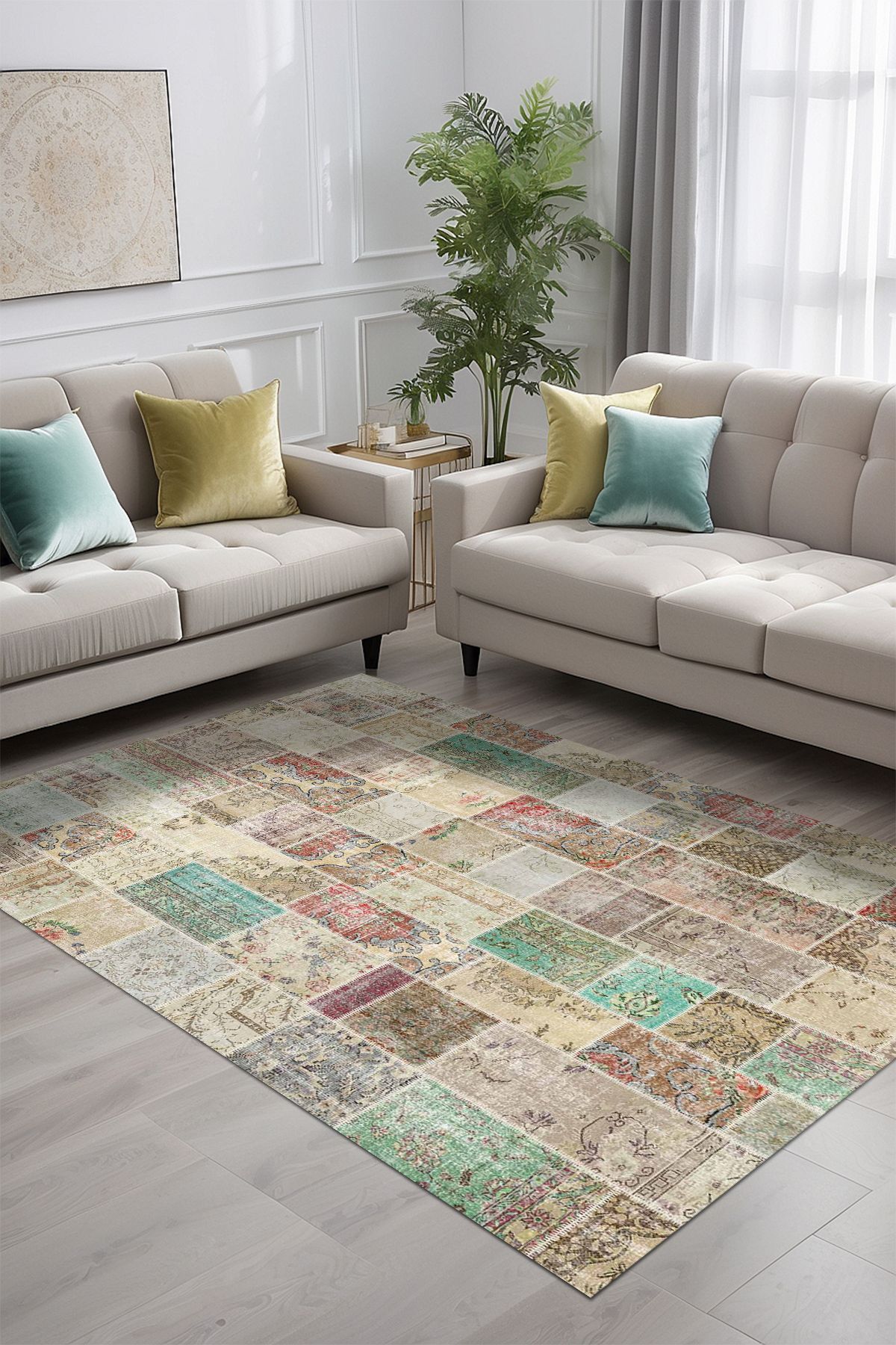 Lattedizayn Nije Eskitme Patchwork Yıkanabilir Kaymaz Pamuk Taban Kadife Salon Mutfak Halısı Yolluk Kilim