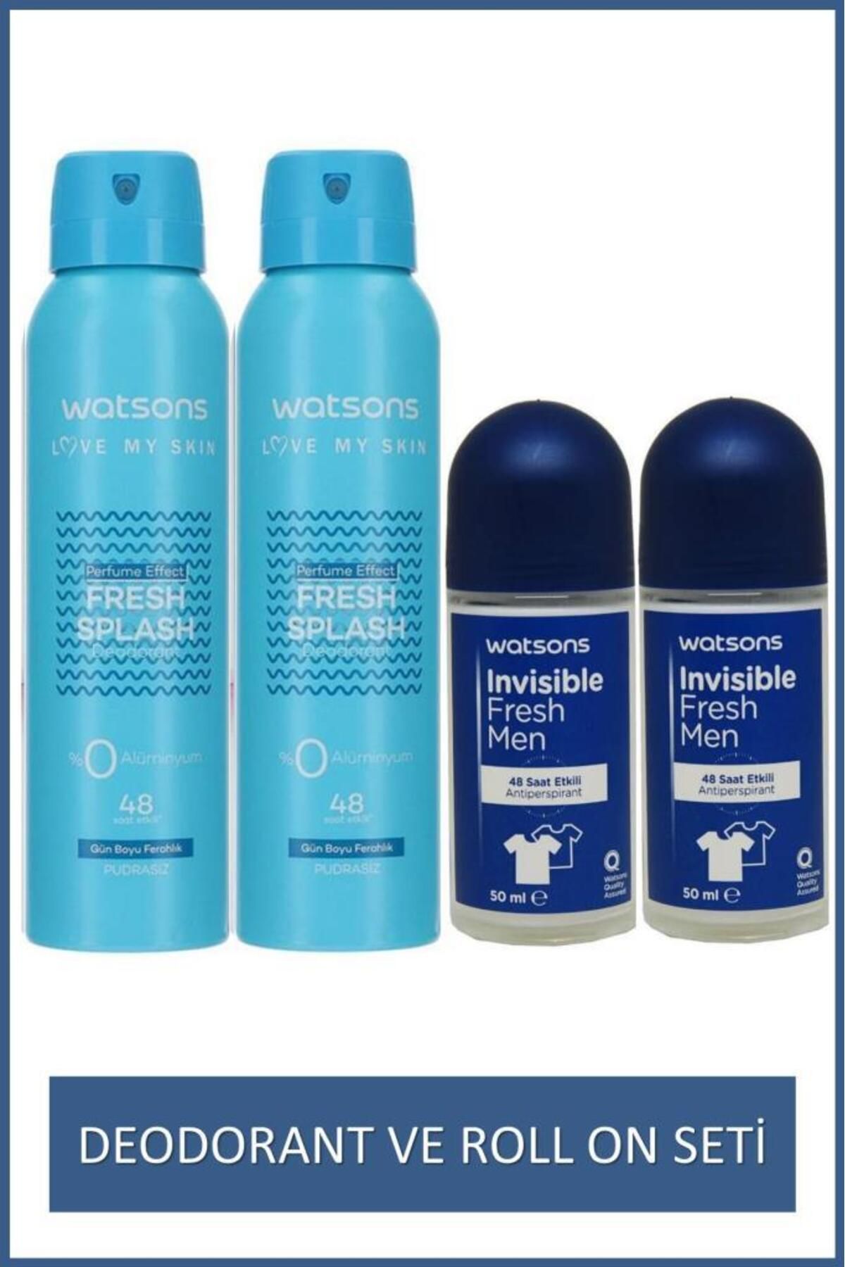 Watsons Invisible Fresh Men 48 Saat Etkili Roll On 50 Ml X2 ve Fresh Splash Deodorant 150 Ml X2