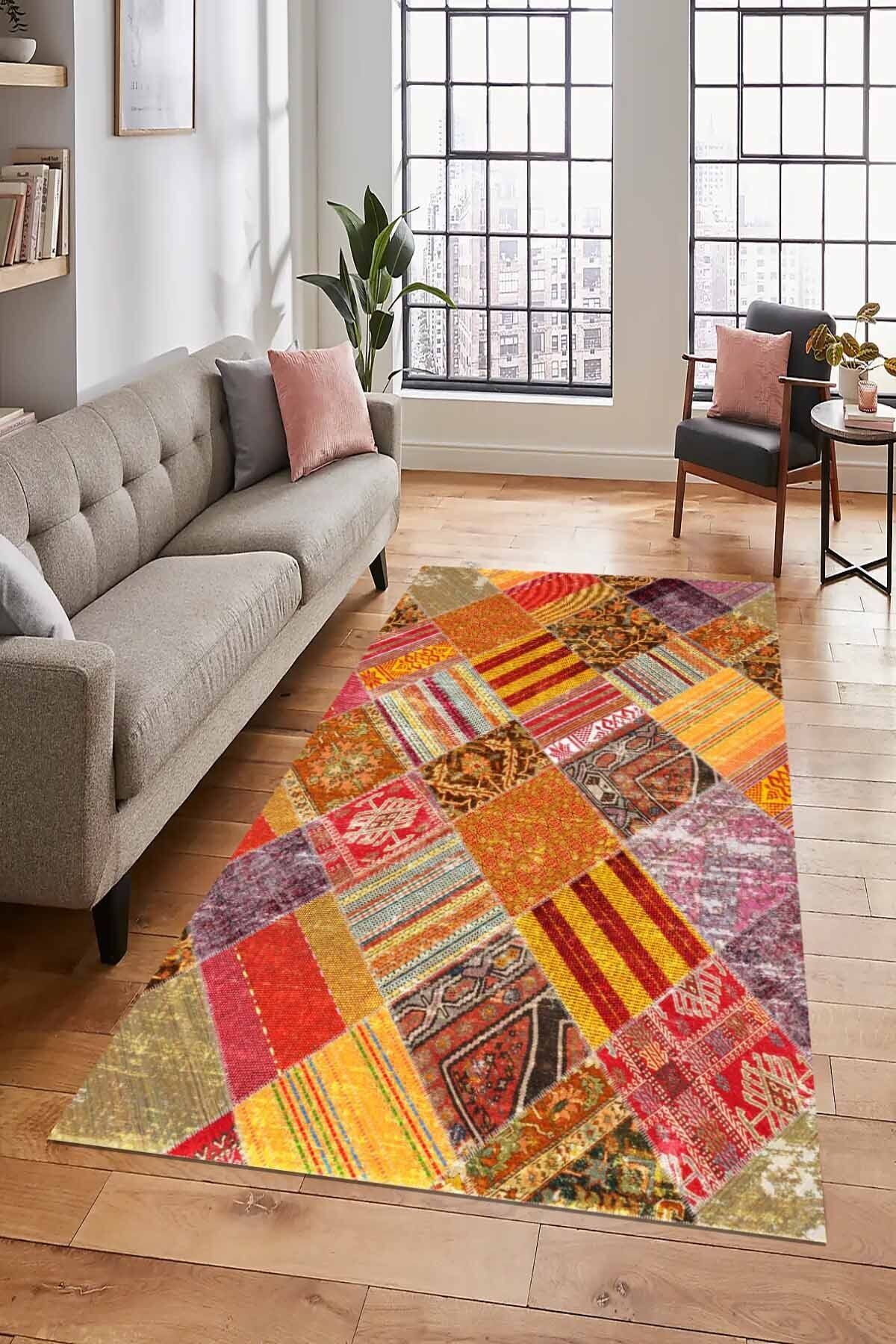 Lattedizayn Angi Eskitme Yıkanabilir Kaymaz Pamuk Taban Kadife Salon Mutfak Halısı Yolluk Kilim