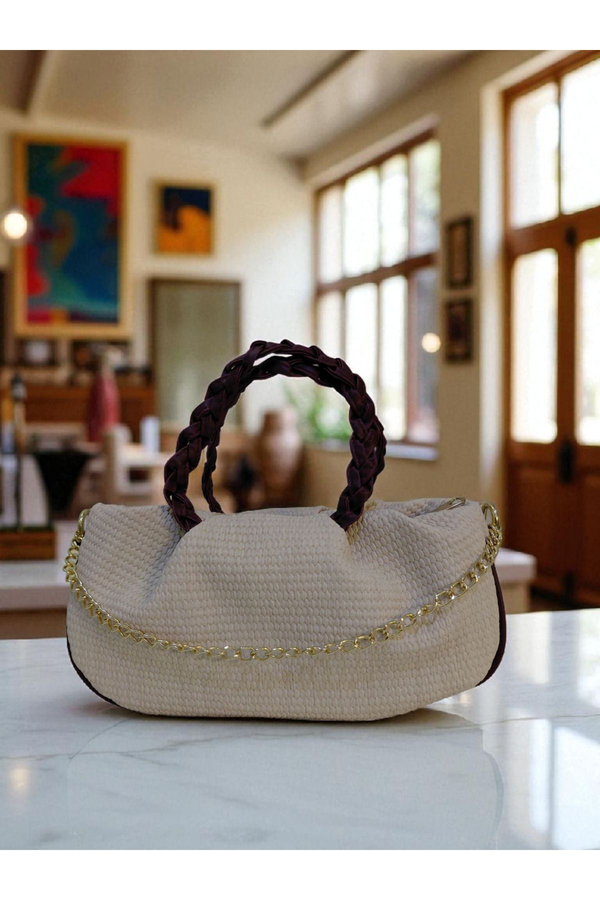 TUBAG SHOP ÖRGÜ DOKULU ZİNCİR DETAYLI KADIN EL VE OMUZ ÇANTASI