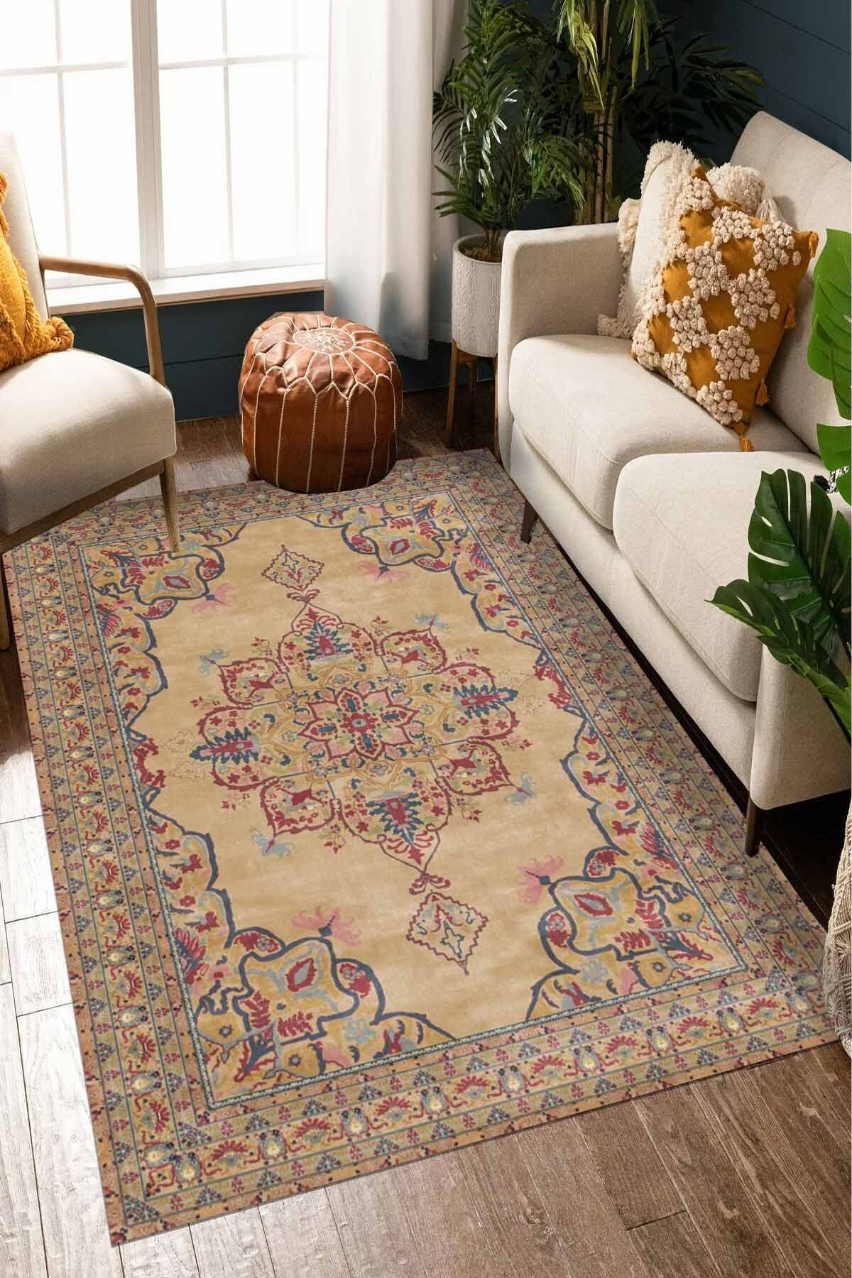 Lattedizayn Eyyan Eskitme Yıkanabilir Kaymaz Pamuk Taban Kadife Salon Mutfak Halısı Yolluk Kilim
