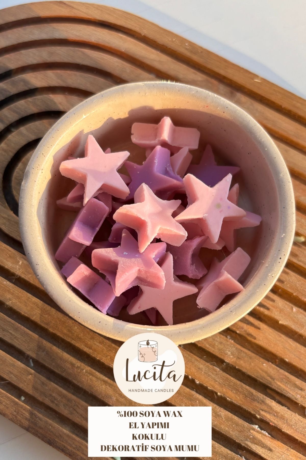 Elioure Mor-pembe minik yıldızlı el yapımı kokulu mumlar, 50 adet, doğal soy wax.