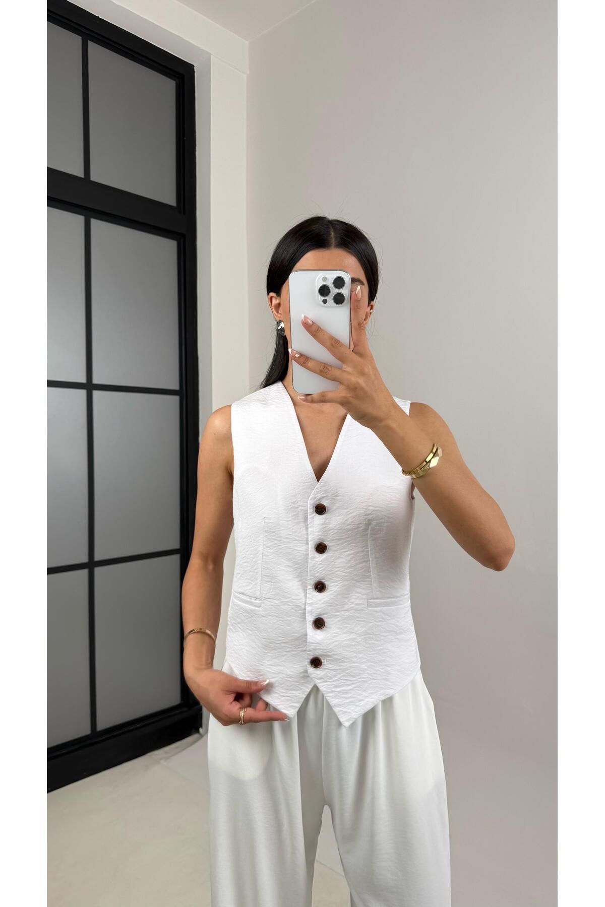 Gaus Beyaz Astarlı Kırışık Kumaş Yelek Gaus00539