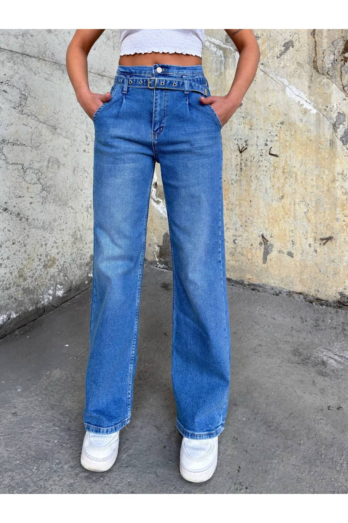 Miele Woman Kadın Yüksel Bel Kemerli Palazzo Bol Paça Full Likra Esnek Jeans