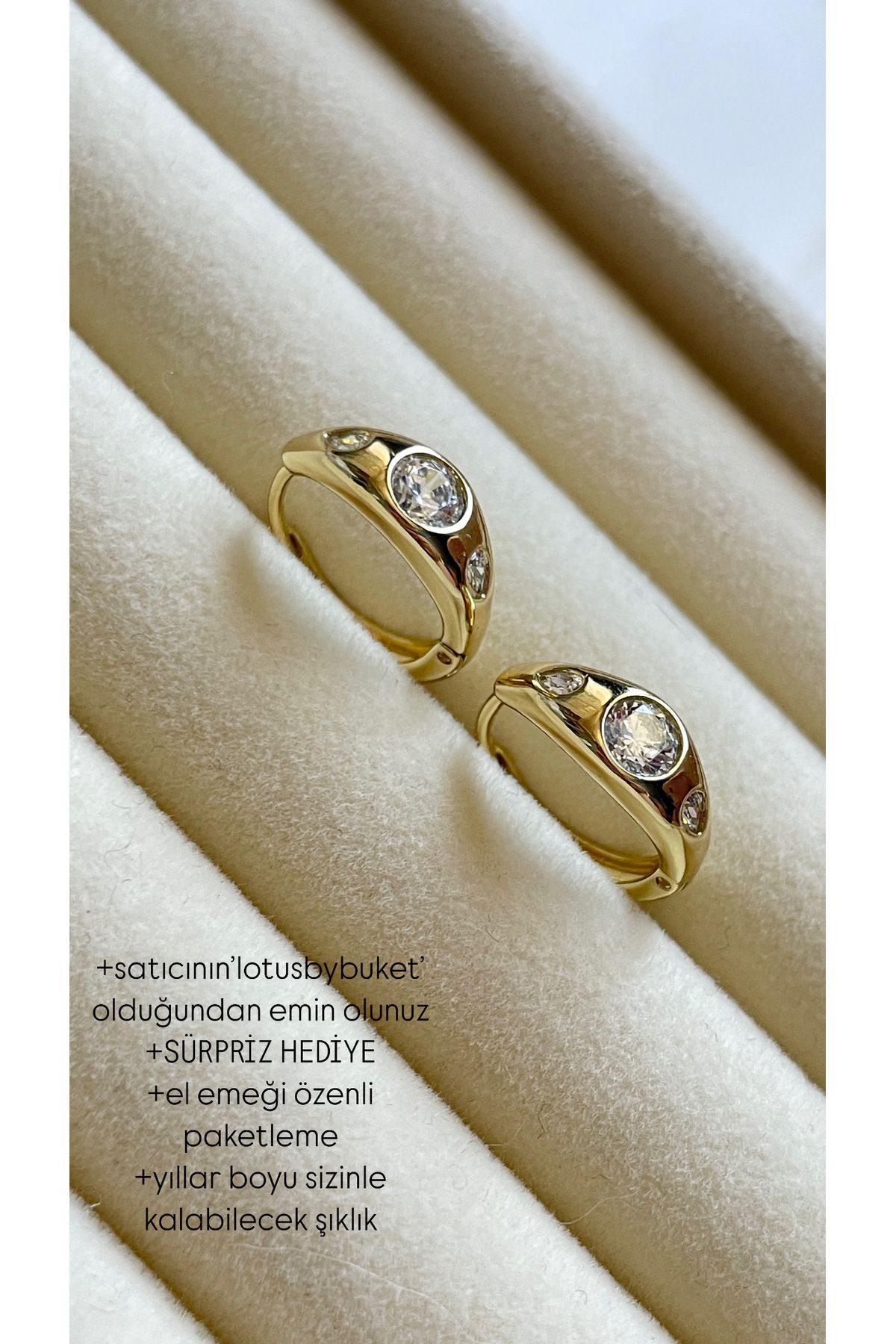 lotusbybuket VIP Çelik gold 14 ayar altın rengi zirkon taşlı minimal halka küpe