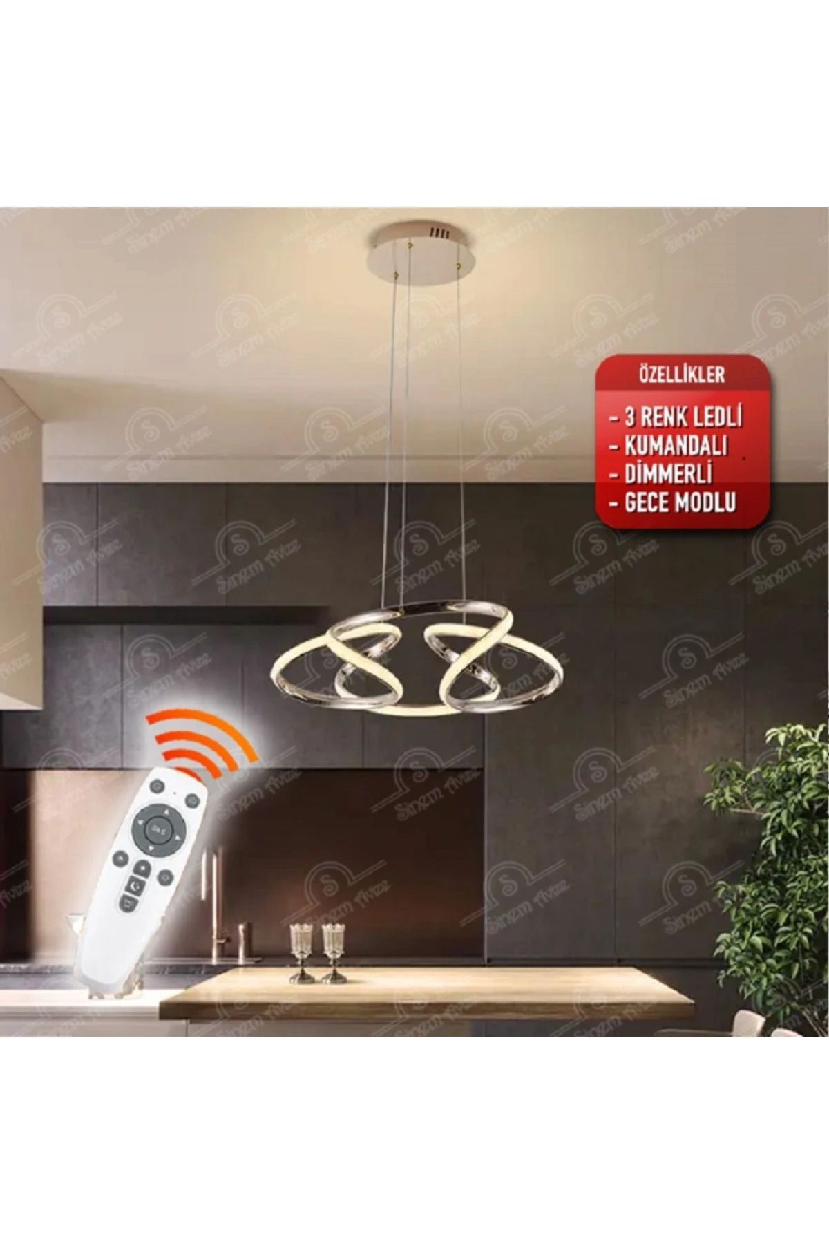 durulight Drona Gri Kumandalı 3 Renk Ledli Dimmerli Plafonyer Modern Ledli Avize