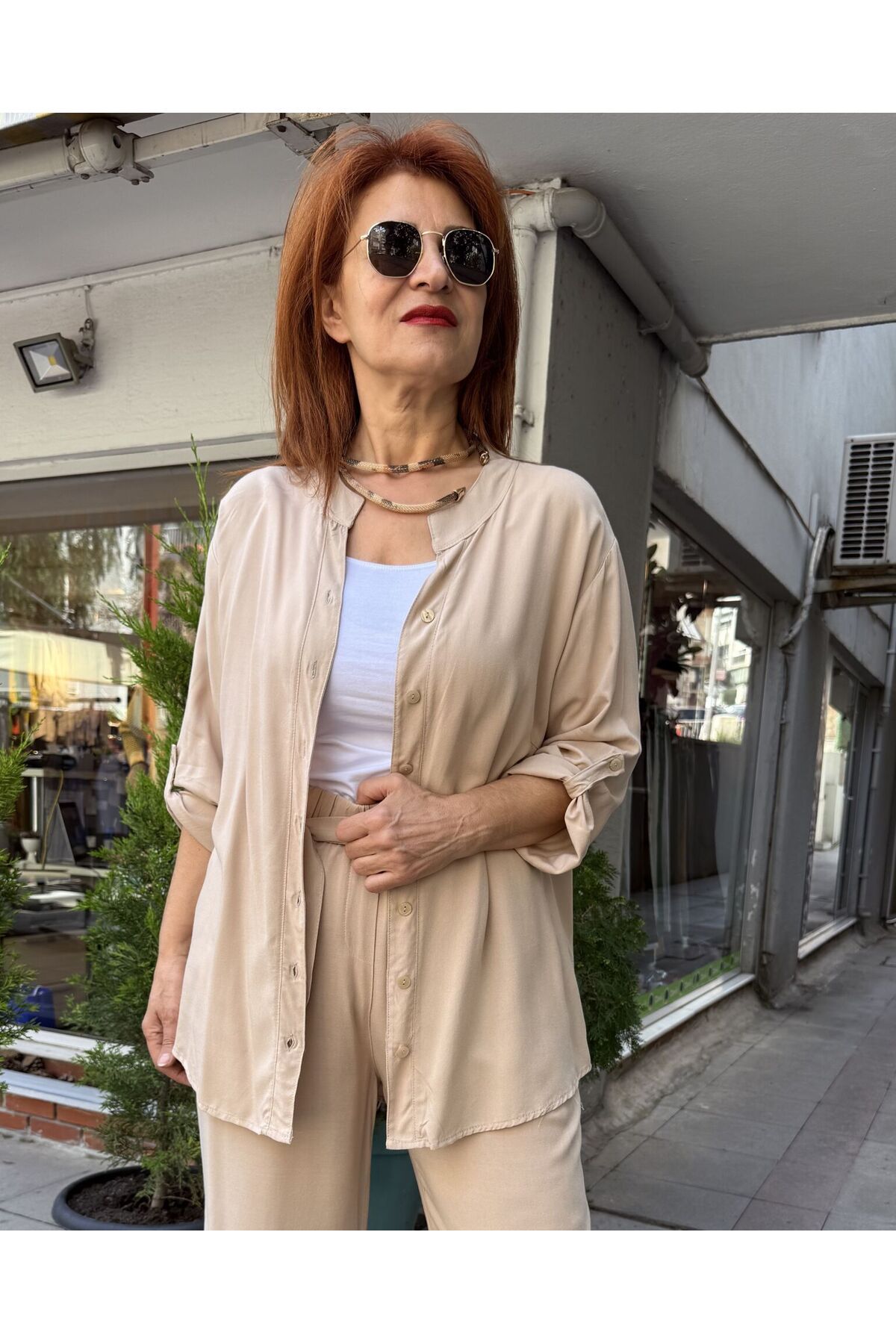 DenizEge Viskon Hakim Yaka Basic Gömlek Bej-50