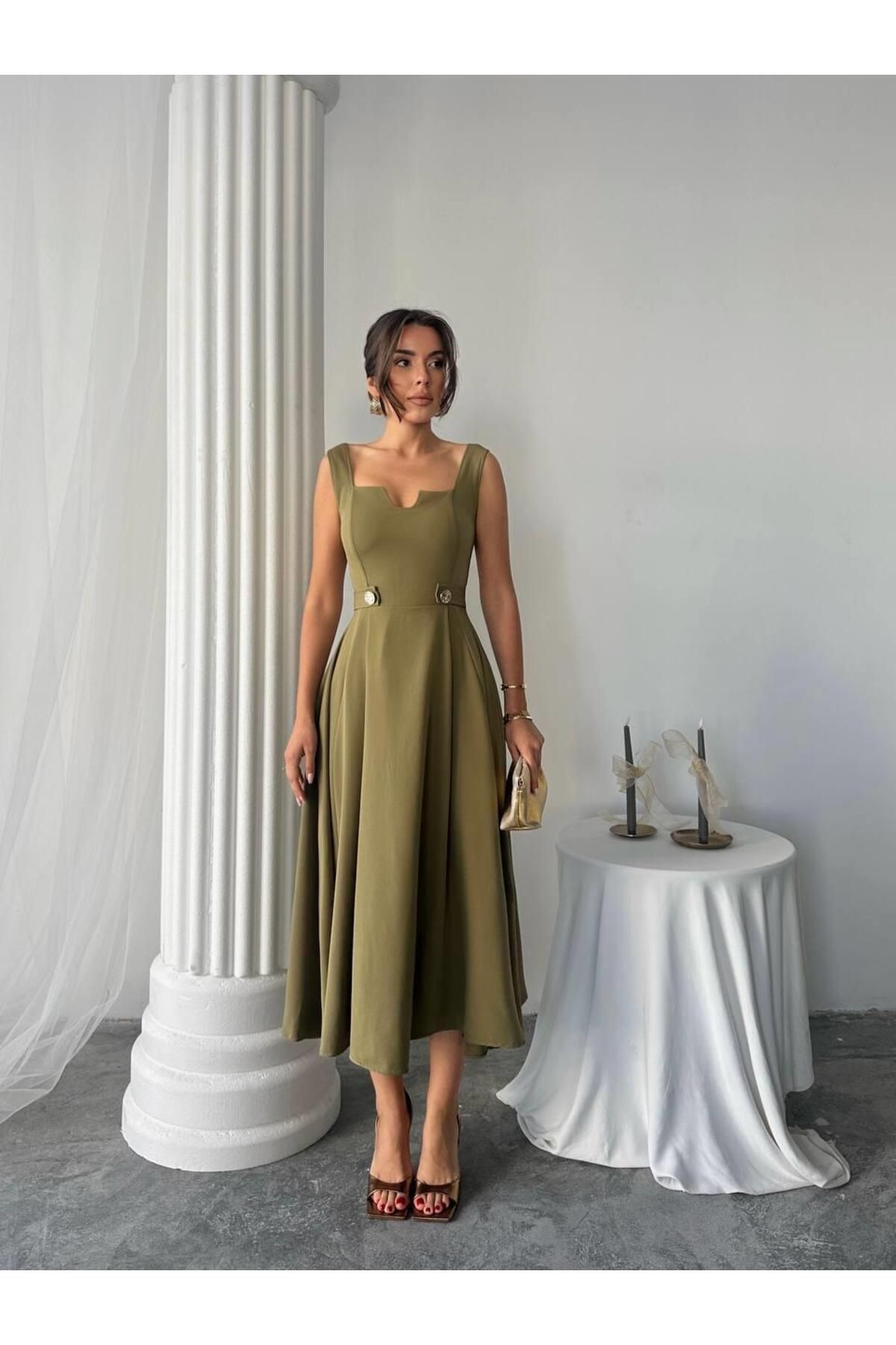 conconmoda Ayvel Atlas Düğme Detay Midi Elbise