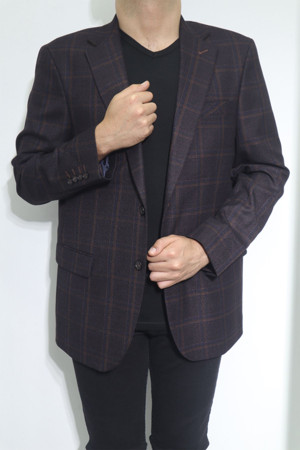 MODA MEN DMC TEKSTİL Erkek Koyu Kahve Ekose Kareli Klasik Kesim Rahat Kalıp Çift Düğmeli 4 Drop Blazer Ceket