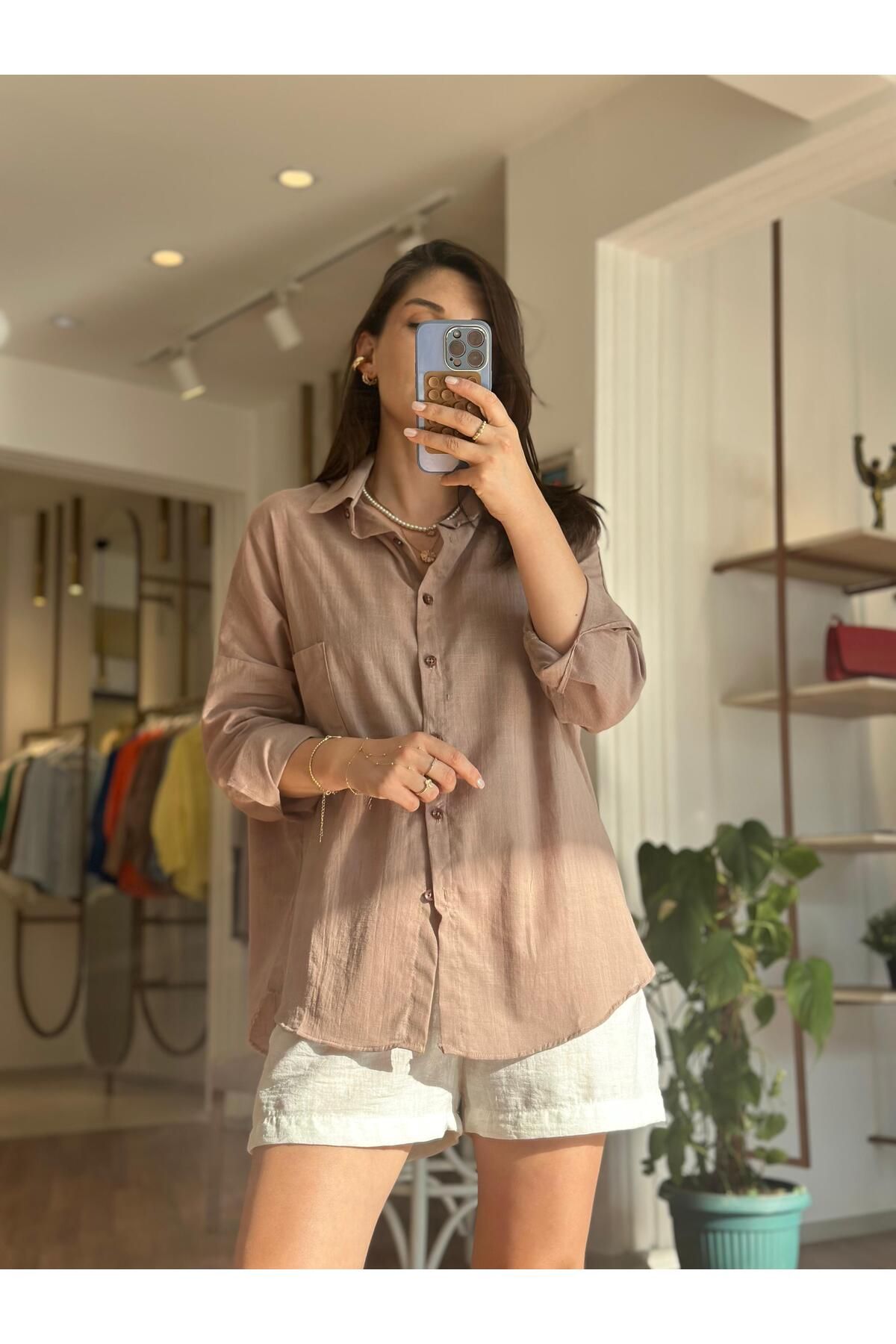 Unique Boutique Açık Kahve Standart Beden Pamuk Keten Gömlek