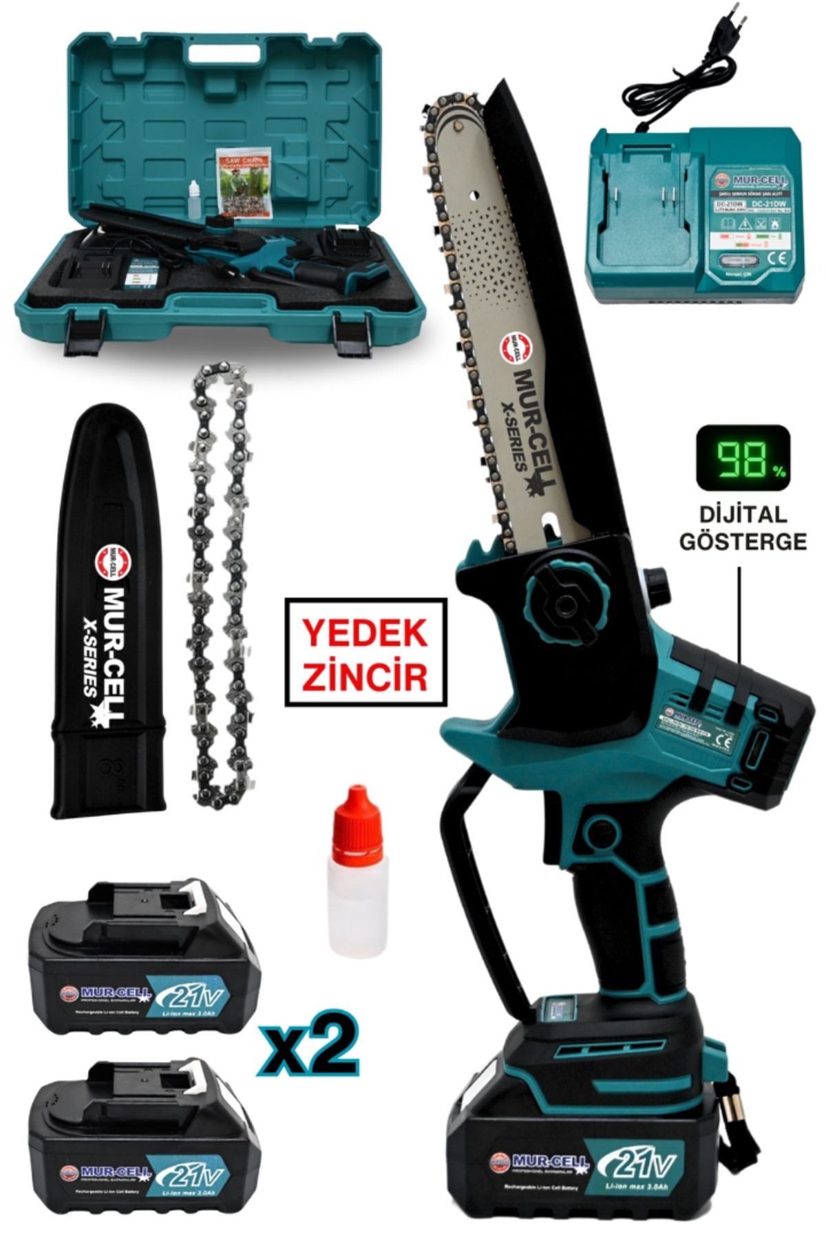 adden MURCELL ADN0729 Şarjlı Dal Budama Testeresi | 21V 3.0Ah Çift Akülü, Kömürsüz Motorlu, 20cm Pala