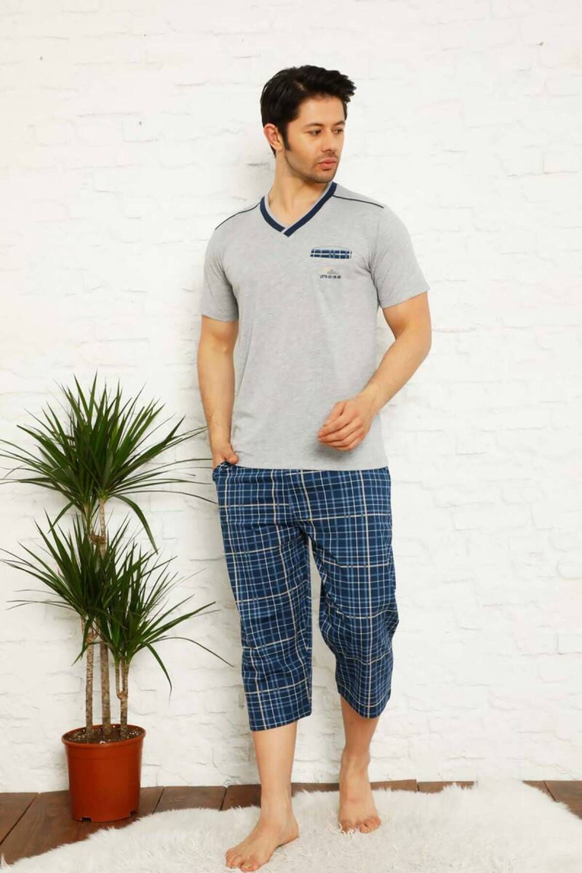 ALİMER Gri Ekoseli Bermuda Erkek Pijama Takımı 1167B