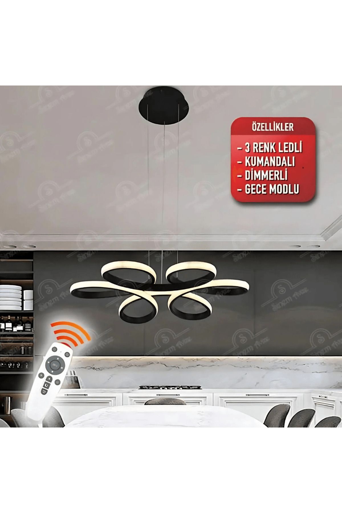 durulight Siyah Kumandalı 3 Renk Ledli Dimmerli Sarkık Modern Ledli Avize