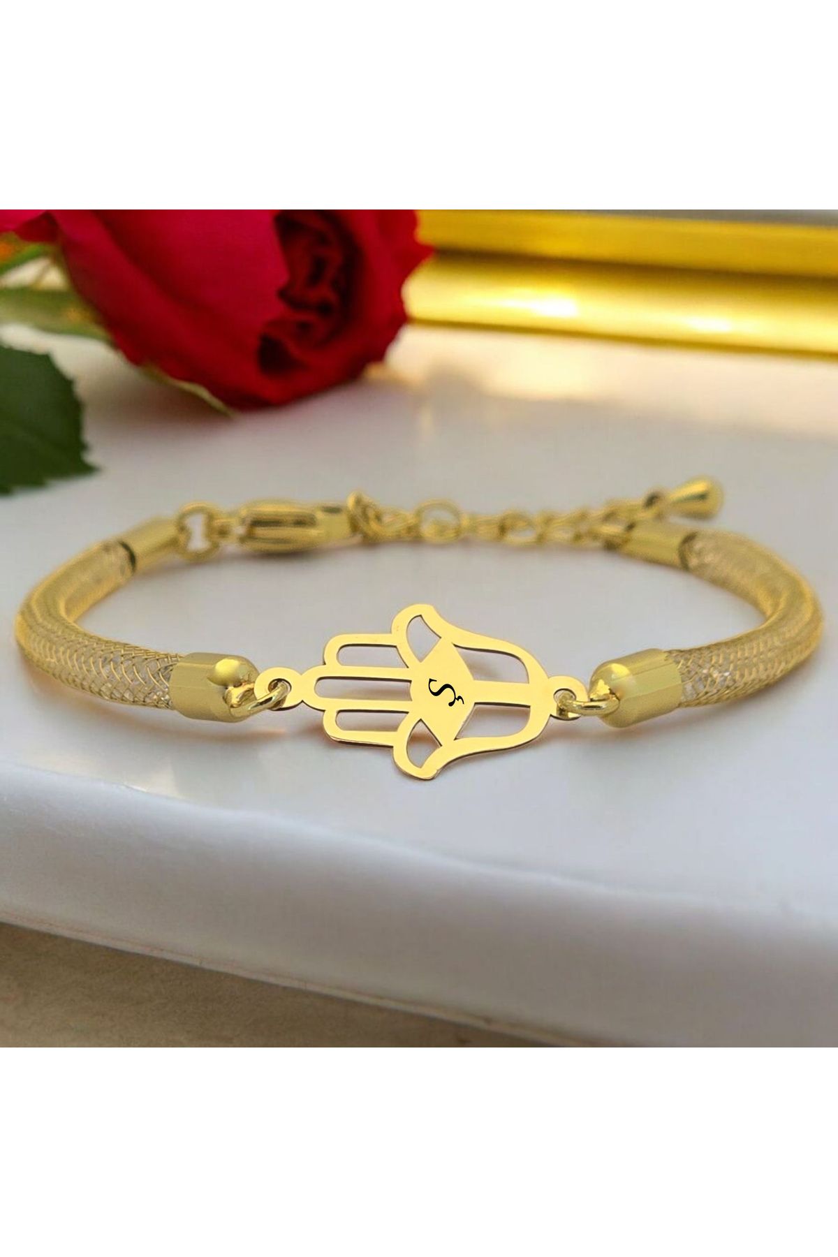 ARCHINO GOLD Ş Harfine Özel Hamsa Motifli 14 Ayar Altın Plakalı Hasır Kordonlu Hediye Bileklik-499harf