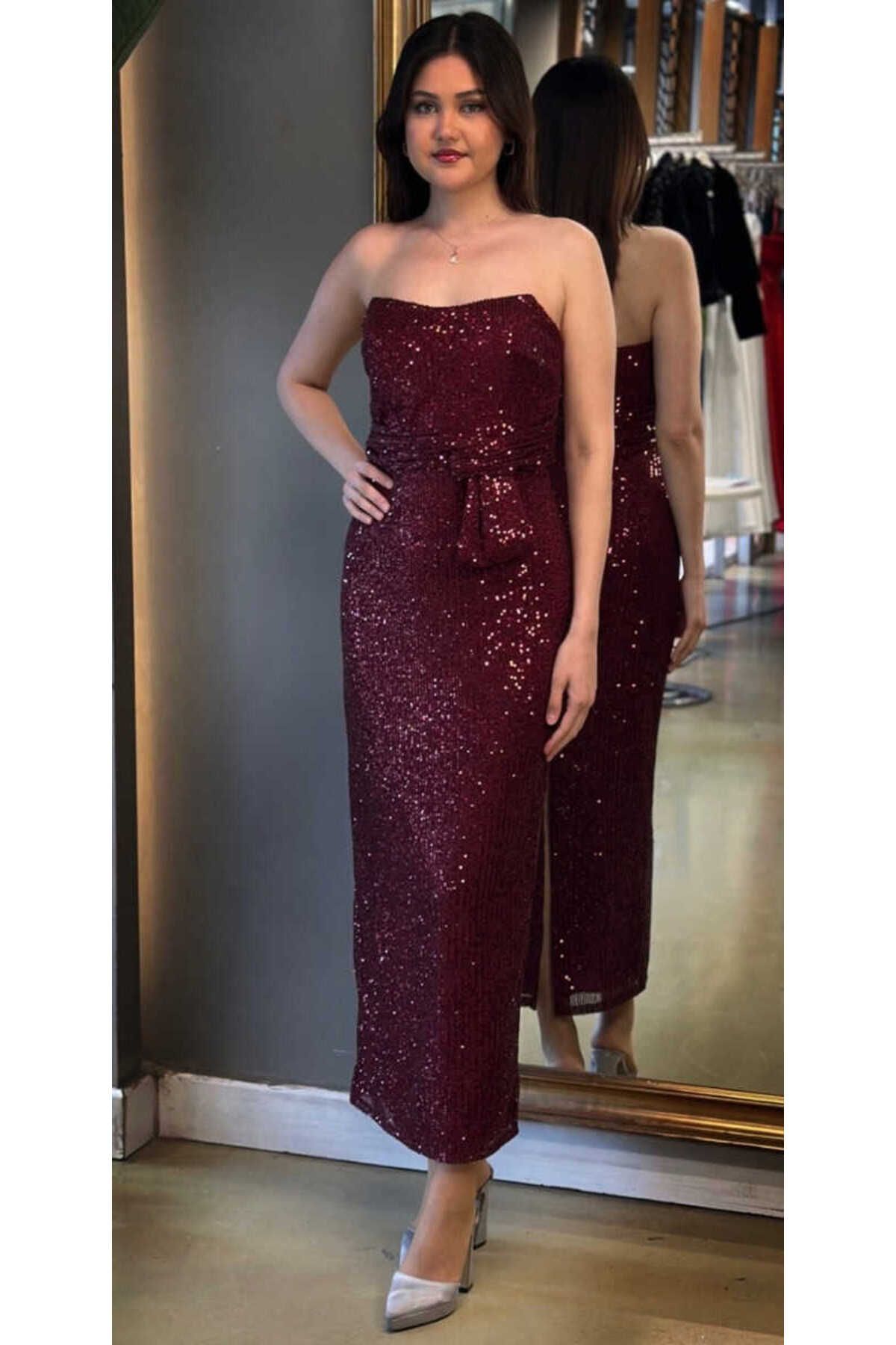 Abiyeniall Vişne Renk Düz Kesim Payet Midi Abiye Elbise 7716