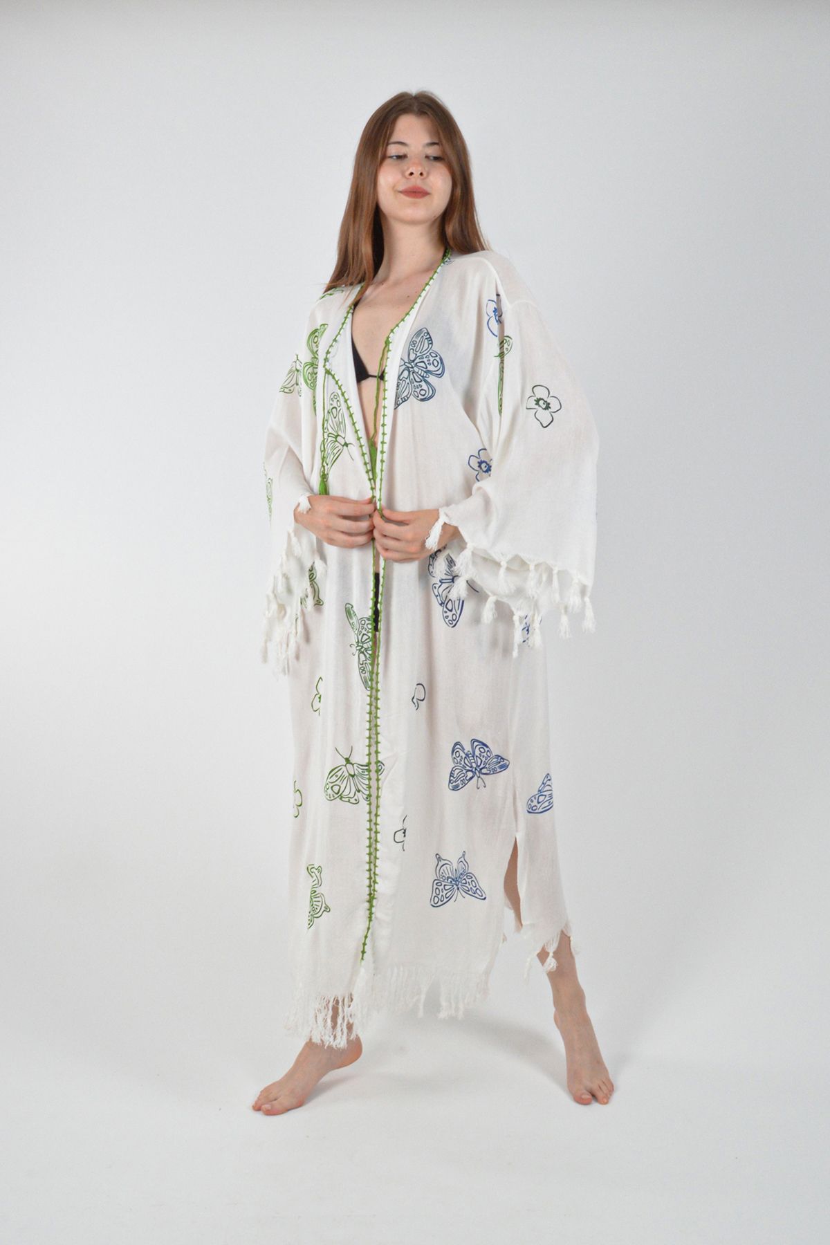 REİNA TEKS Viscon Kimono Bornoz Beyaz Retro Renkli Kelebek Desen Pamuklu Baskılı Pareo 1 Adet Unisex