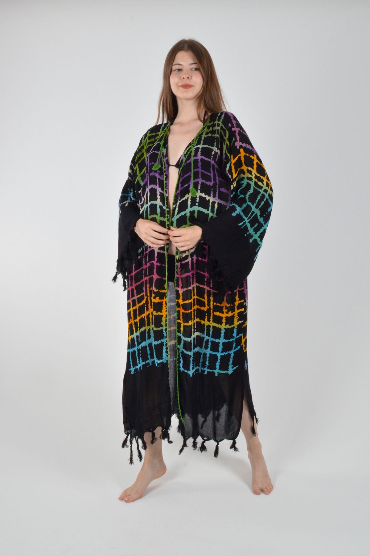 REİNA TEKS Viscon Kimono Bornoz Siyah Retro Renkli Ağ Desen Pamuklu Baskılı Pareo 1 Adet Unisex