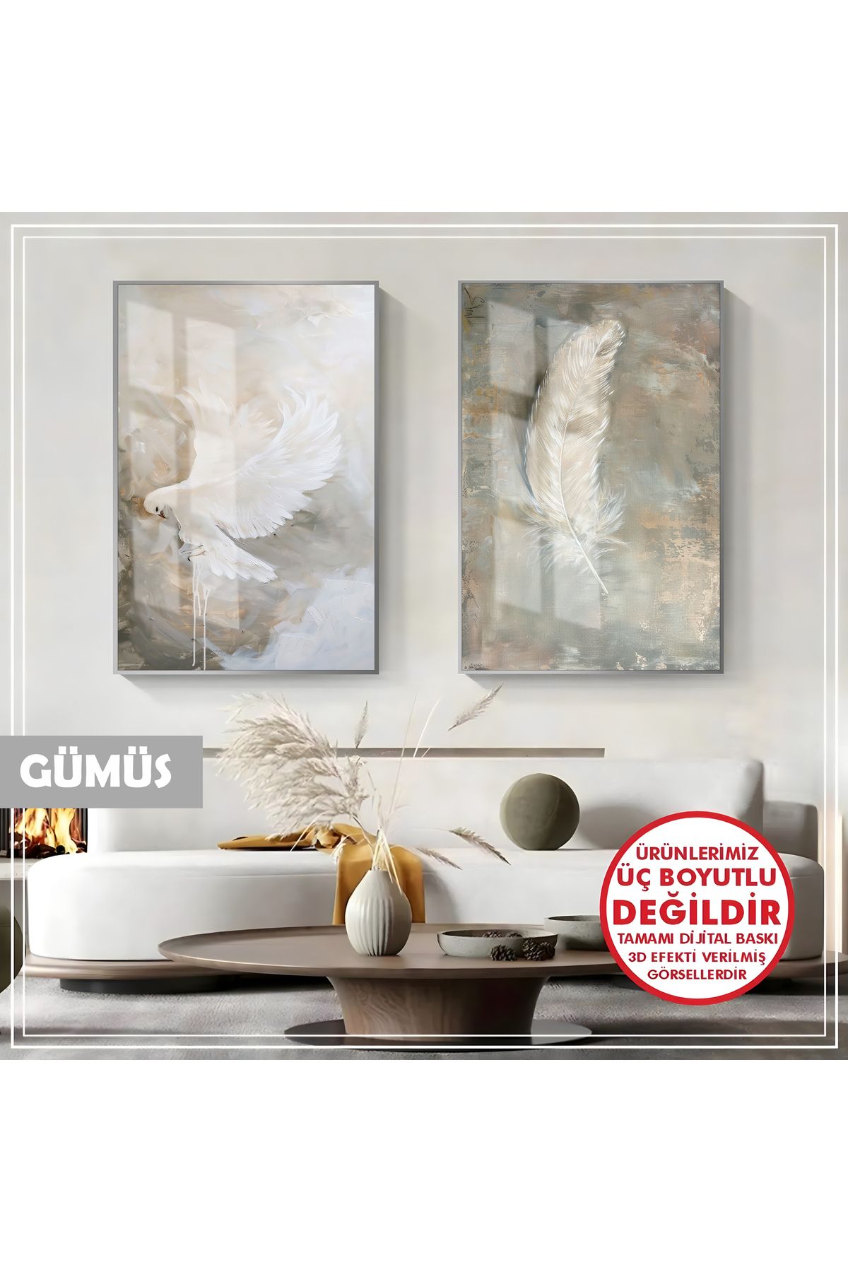 Harikabirev HARİKABİREV|KUŞ-TÜY KOMBİNİ (ART) |ÇERÇEVELİ CAM TABLO 2Lİ DİKEY