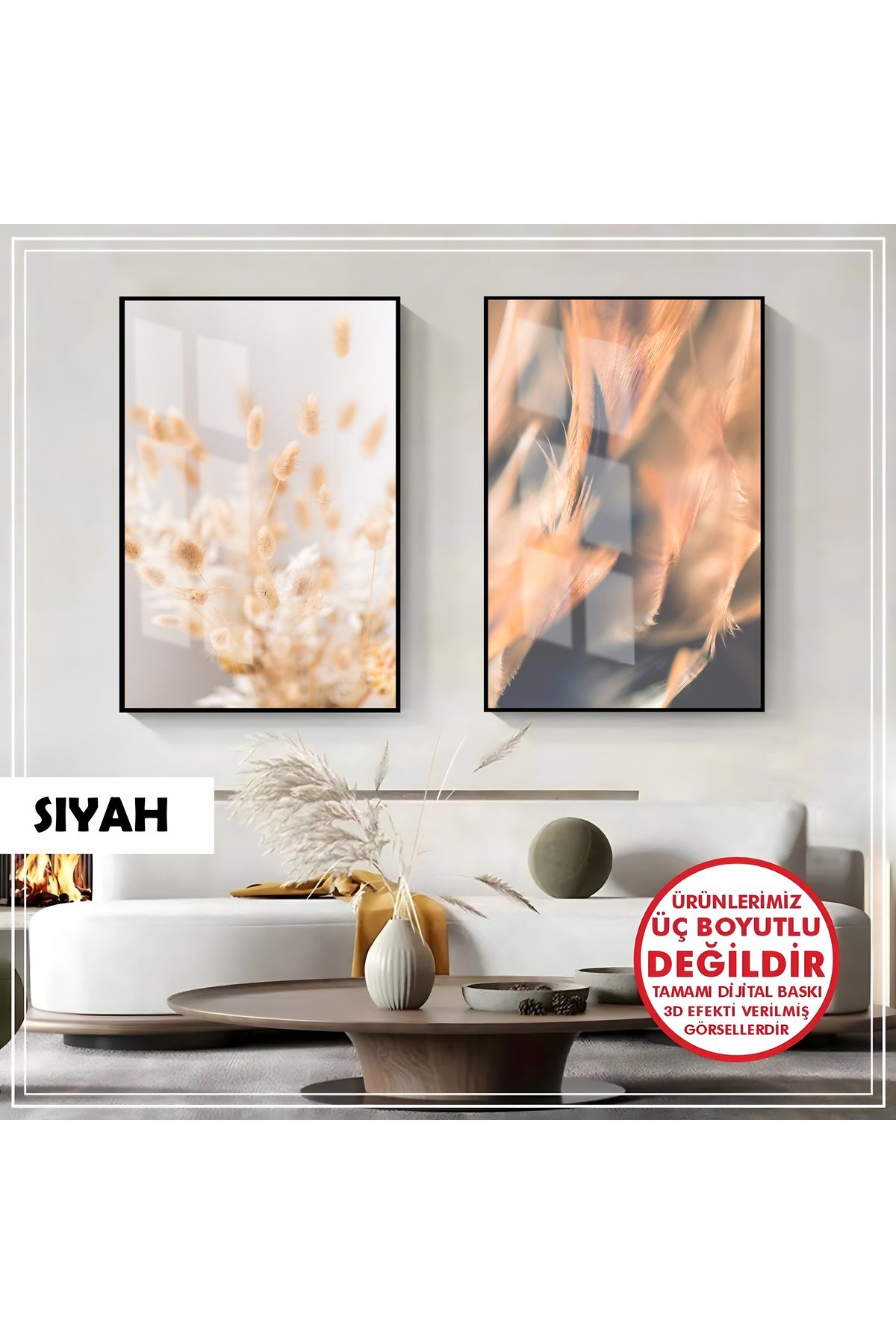 Harikabirev HARİKABİREV|SOFT KANAT ÇİÇEK KOMBİNİ (FEATHER) |ÇERÇEVELİ CAM TABLO 2Lİ DİKEY