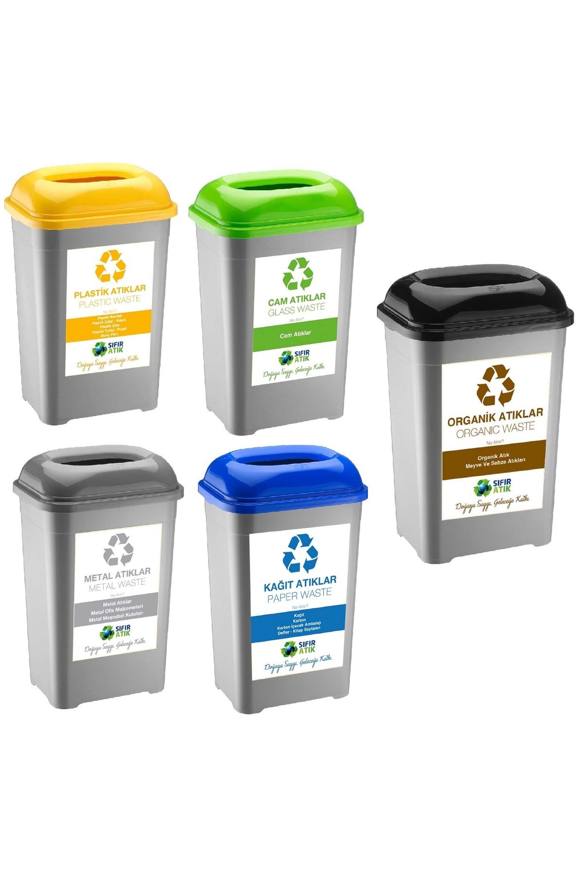 DEEMBRO Sıfır Atık Kutusu 50 Lt Geri Dönüşüm Kutusu Plastik Büyük Boy Atık Kutusu 5 li Set 33*43*60 cm
