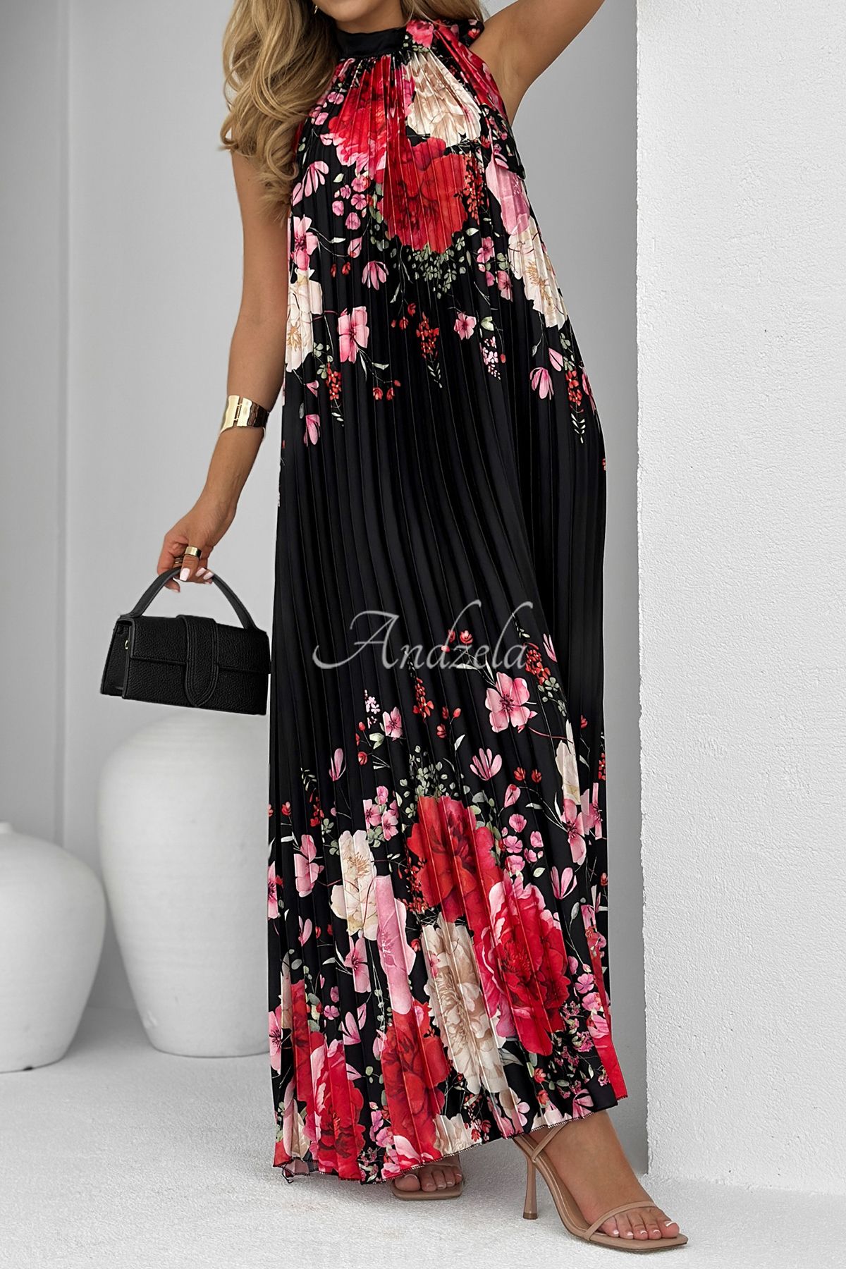 Neşeli Butik kadın saten kumaş piliseli tasarım elbise NBEMP2775