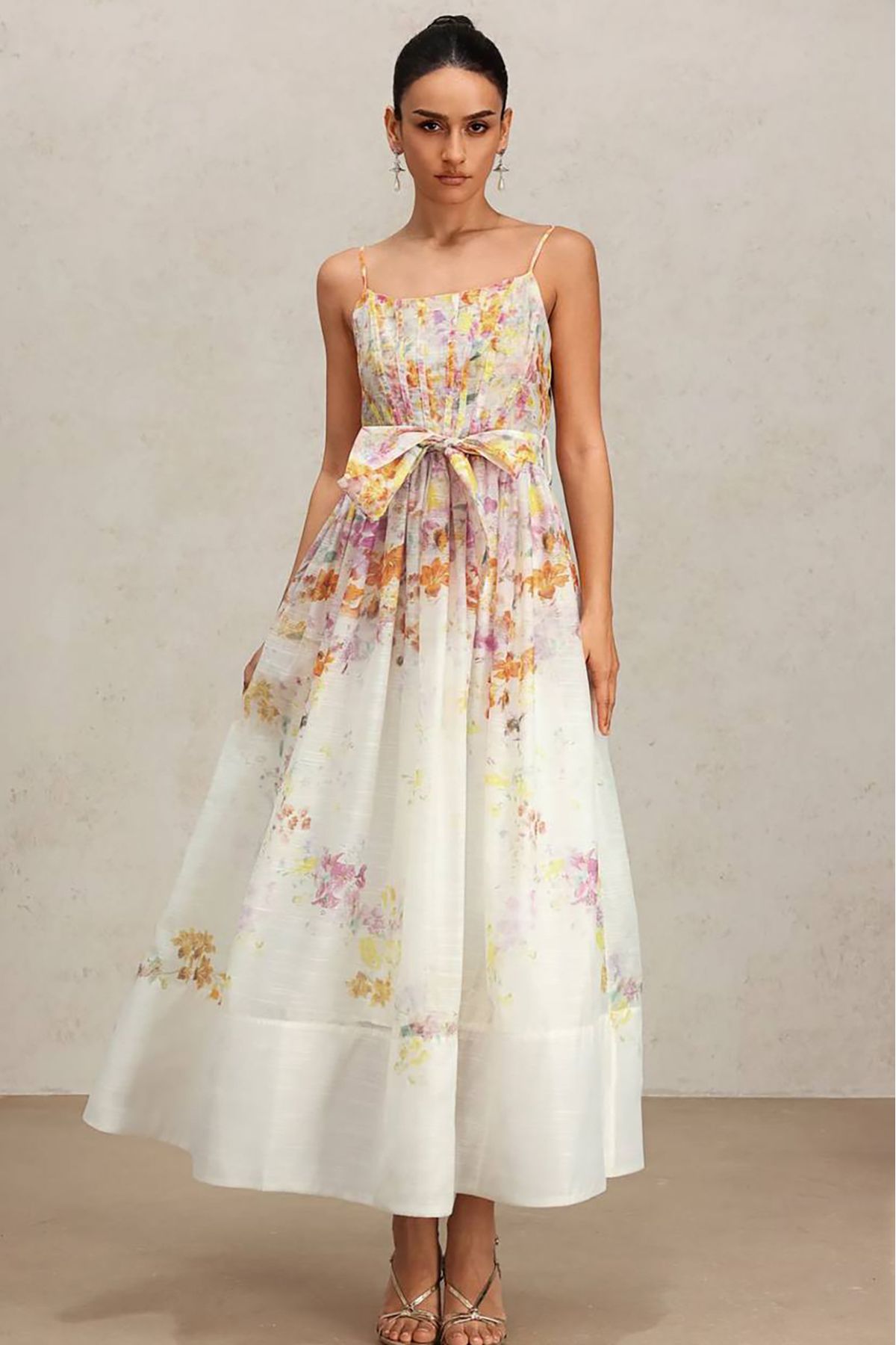Neşeli Butik kadın fiyonk detaylı çiçekli ithal elbise NBEMP2741