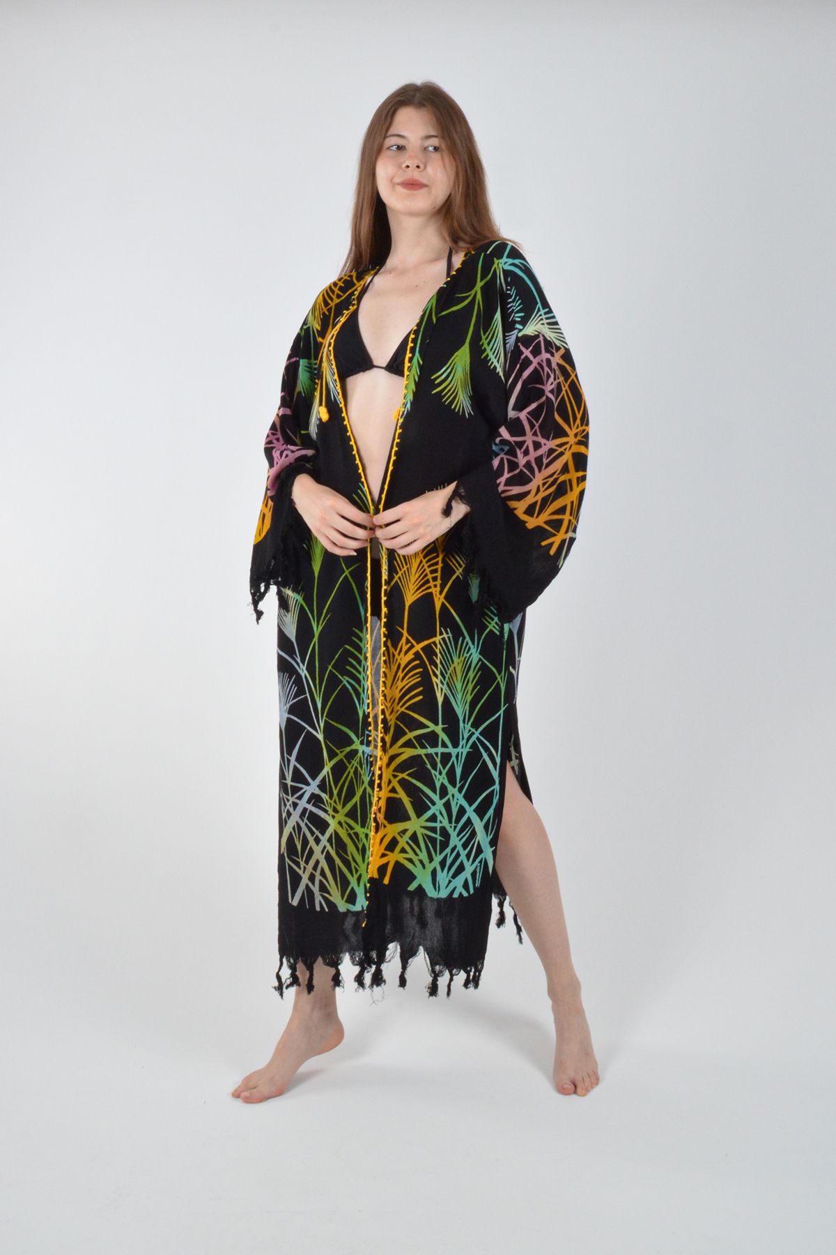 REİNA TEKS Viscon Kimono Bornoz Siyah Retro Renkli Yaprak Desen Pamuklu Baskılı Pareo 1 Adet Unisex