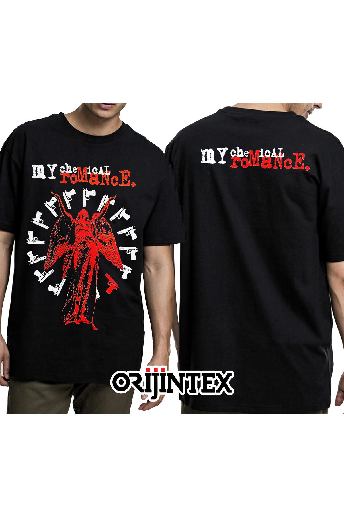 orijintex My Chemical Romance Guns and Angel Ön Arka Baskılı Unisex Siyah Tshirt