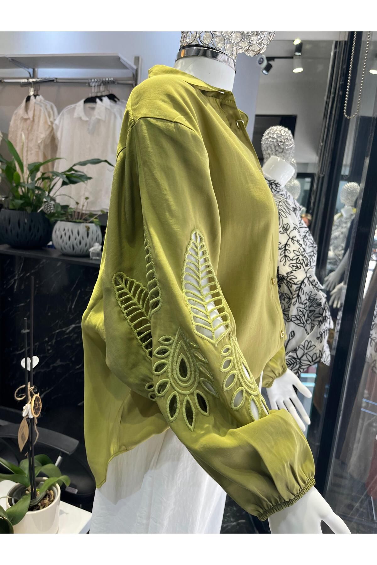 Butik kolları delikişi gömlek yağyeşili