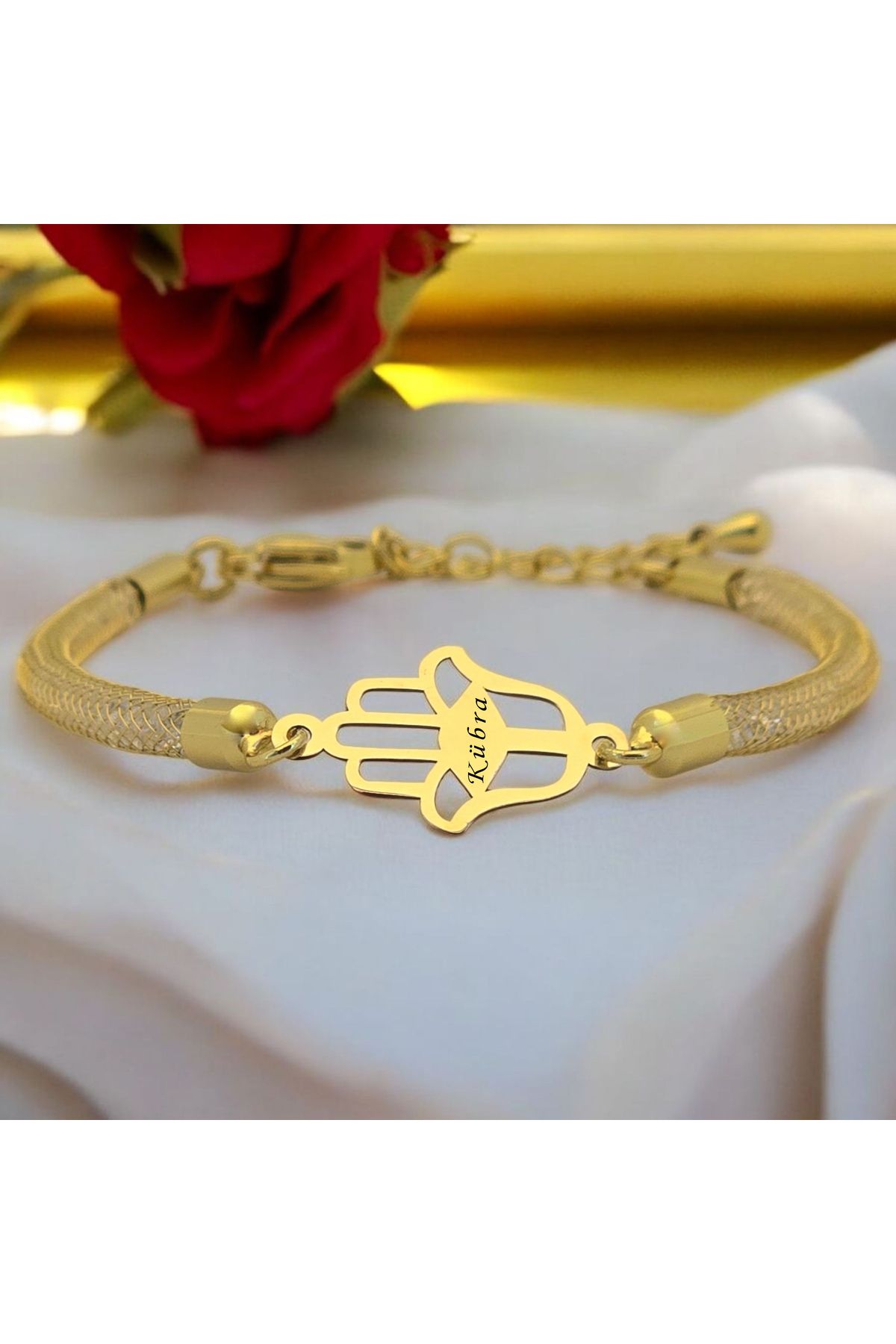 ARCHINO GOLD Kübra İsmine Özel 14 Ayar Altın Plakalı Hasır Kordonlu Hamsa Motifli Hediye Bileklik-499isim