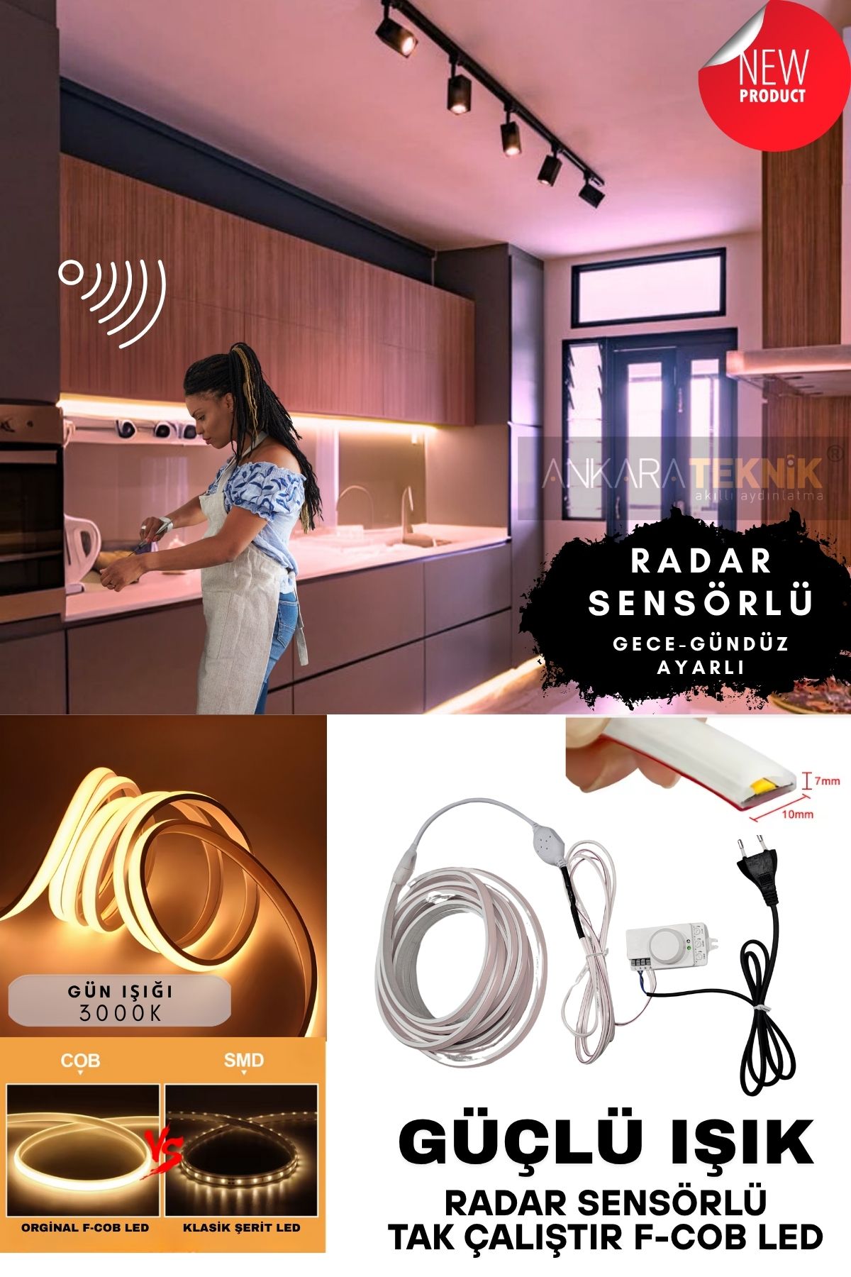 ankarateknik Sensörlü Gün ışığı (3000K) Renk F- Cob Neon Led / Yüksek Lümen/ Dolap Alcıpan Tavan LED /25 Metre