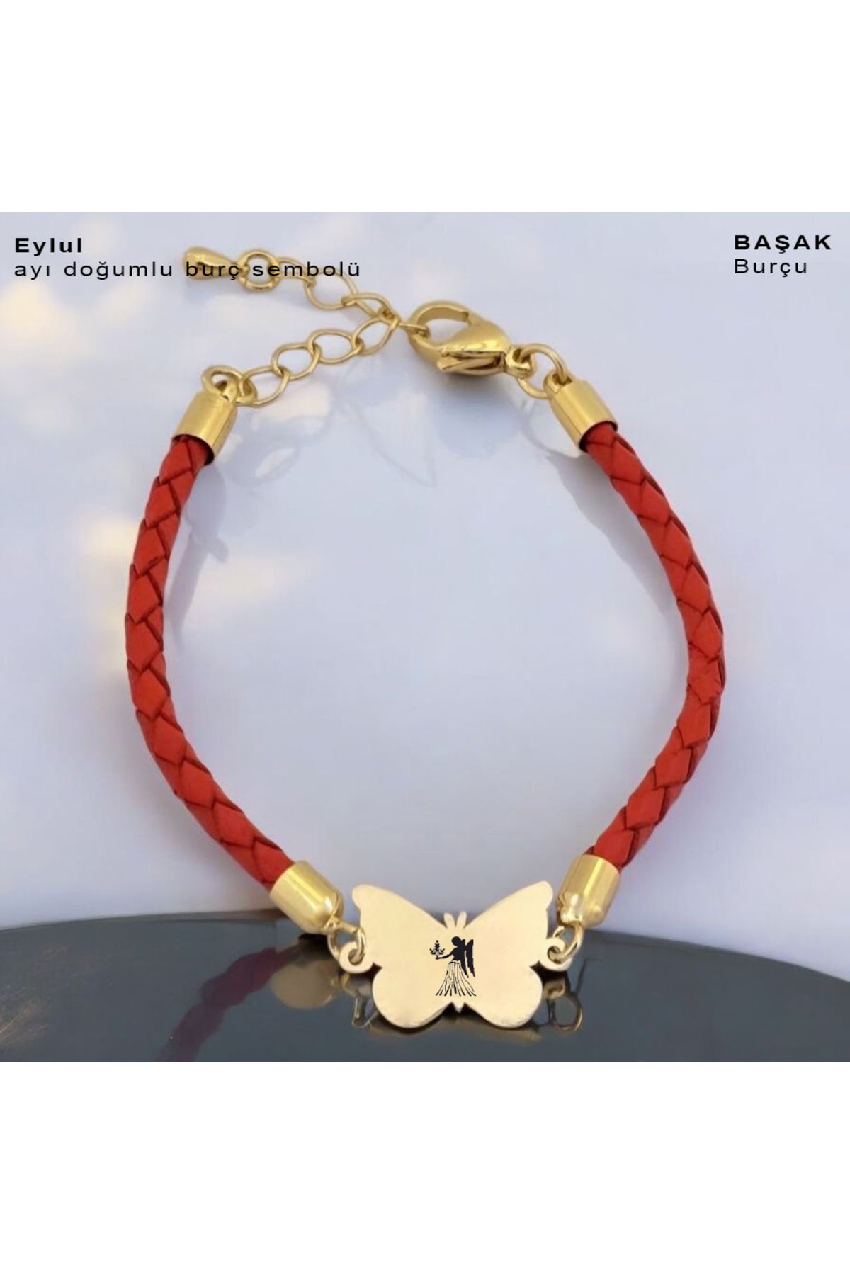 ARCHINO GOLD Başak Burçlarına Özel Turuncu Derili Kelebek Motifli 14 Ayar Altın Plakalı Hediye Bileklik-502burç