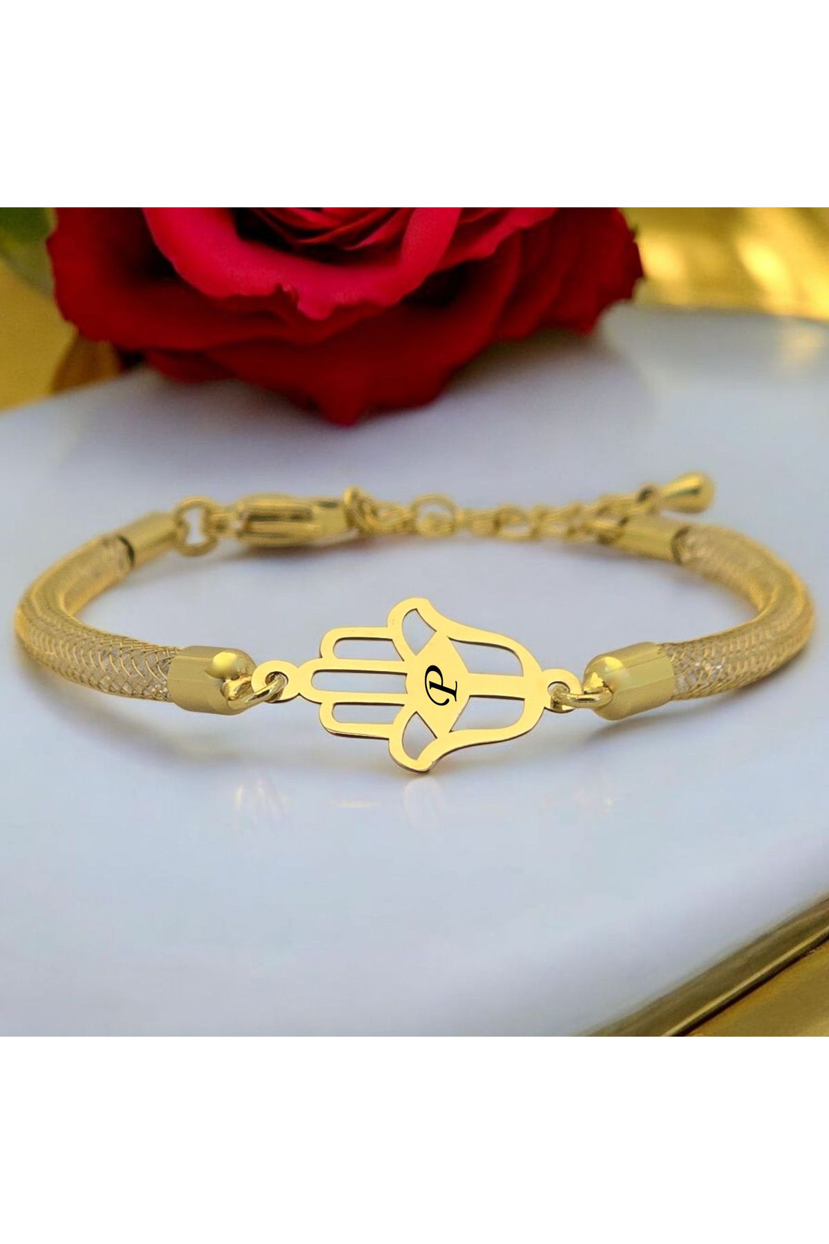 ARCHINO GOLD P Harfine Özel Hamsa Motifli 14 Ayar Altın Plakalı Hasır Kordonlu Hediye Bileklik-499harf